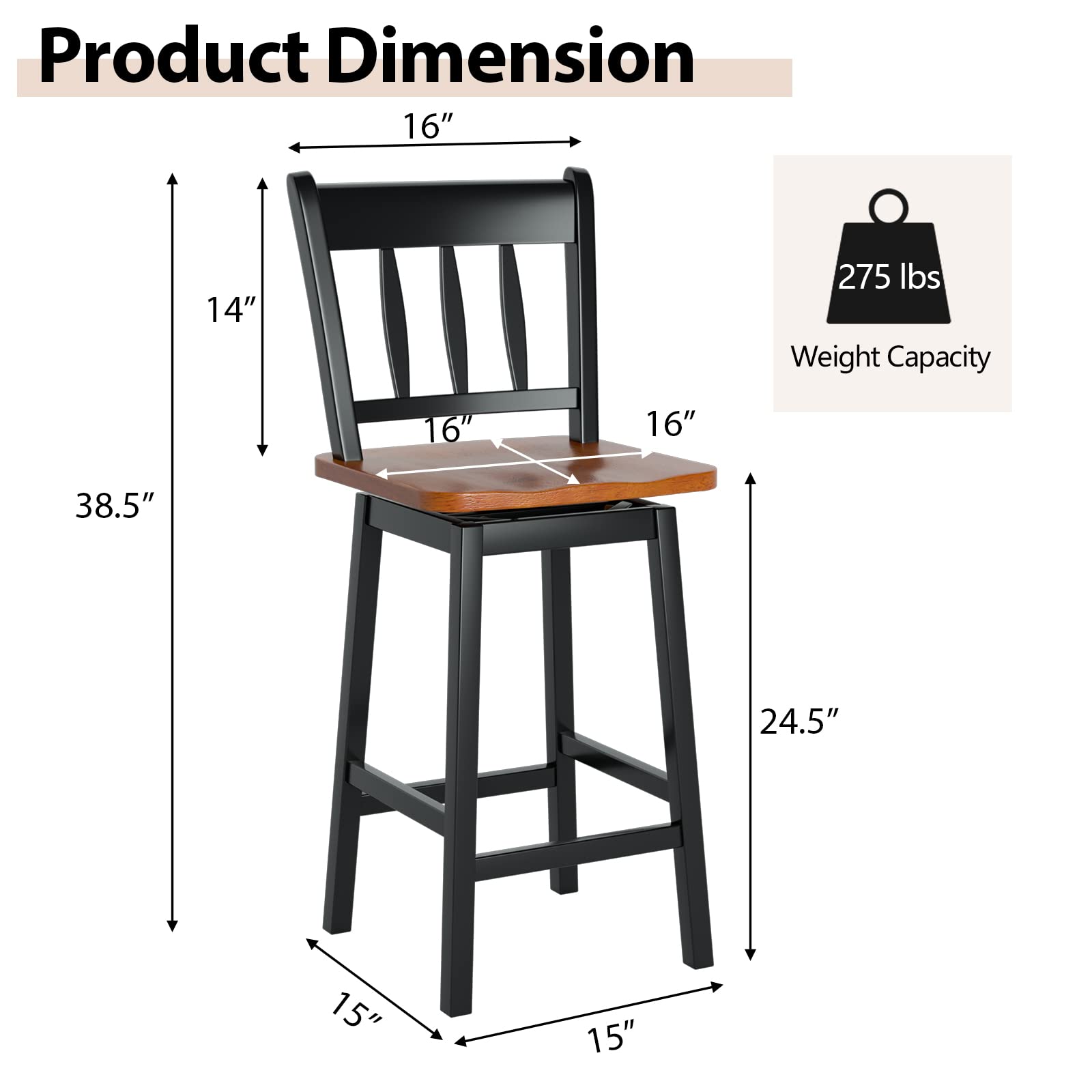 KOMFOTT Bar Stools Set of 2/4, 24.5 Inch Solid Rubber Wood Bar Chairs with 360 °Swiveling, Footrest