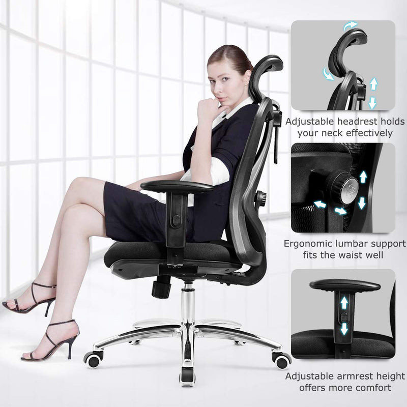 KOMFOTT Ergonomic Office Chair, Mesh Office Chair with Adjustable Headrest, Tilt-Down Backrest Mesh Adjustable High Back Office Chair