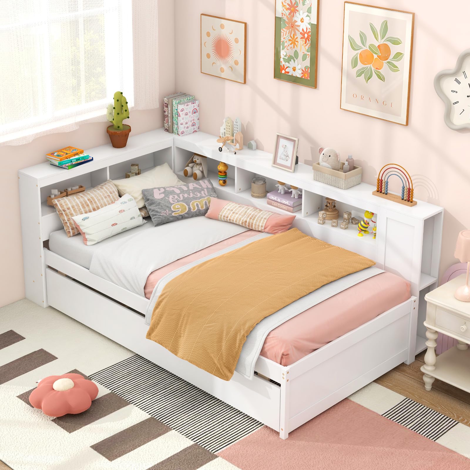 KOMFOTT Twin Wood Daybed with Trundle, Storage Headboard, Reversible Bookcase, Bedside Shelves & Wooden Slats