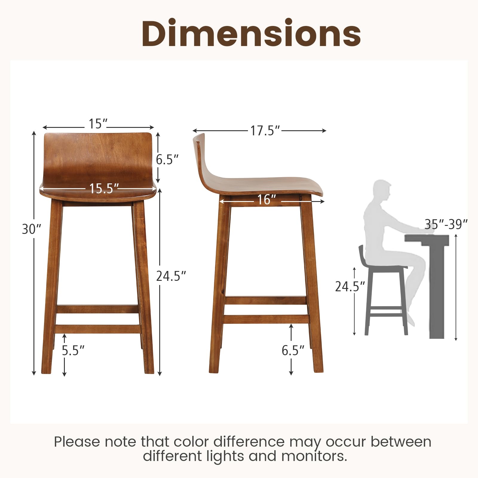 KOMFOTT 24.5" Bar Stools Set of 2/4, Counter Height Bar Stools w/Low Back & Footrest