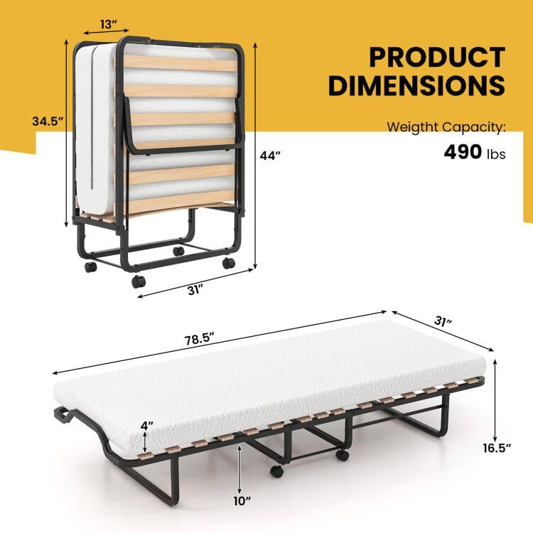 KOMFOTT Folding Bed with 4 Inch Mattress for Adults, Cot Size Rollaway Guest Bed w/Memory Foam Mattress & Solid Wood Slats