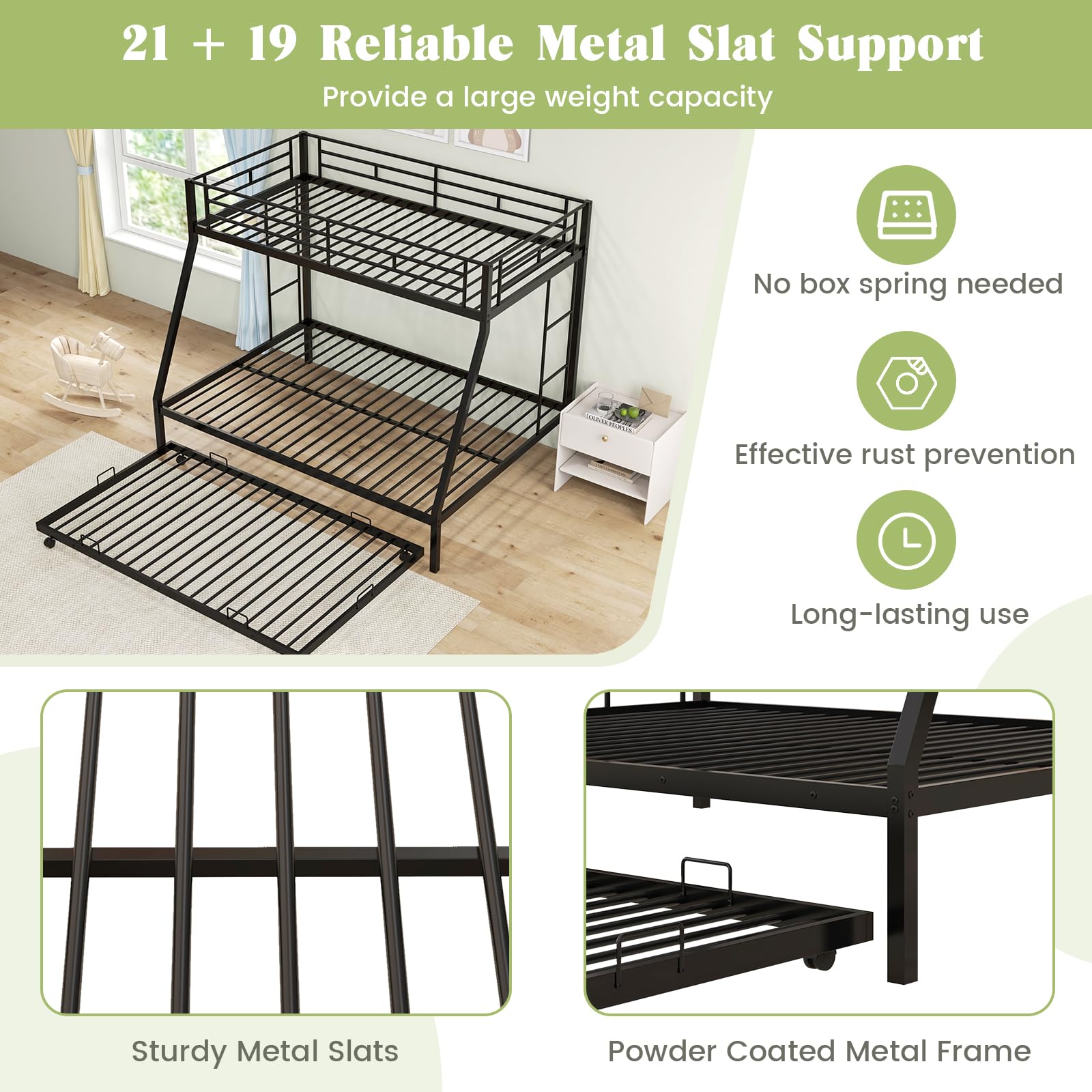 KOMFOTT Twin Over Full Heavy-Duty Metal Bunk Bed with Trundle, Guardrail & 2 Ladders