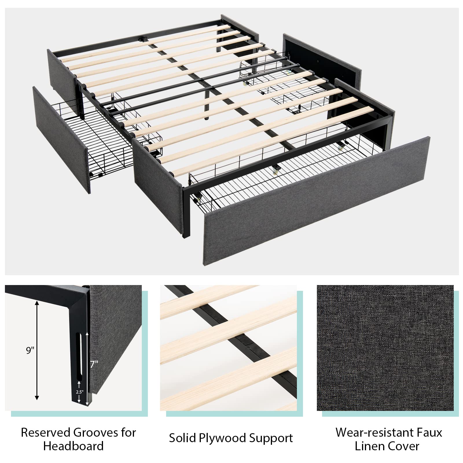 KOMFOTT  Full Size Bed Frame with 3 Drawers, Fabric Upholstered Platform Bed