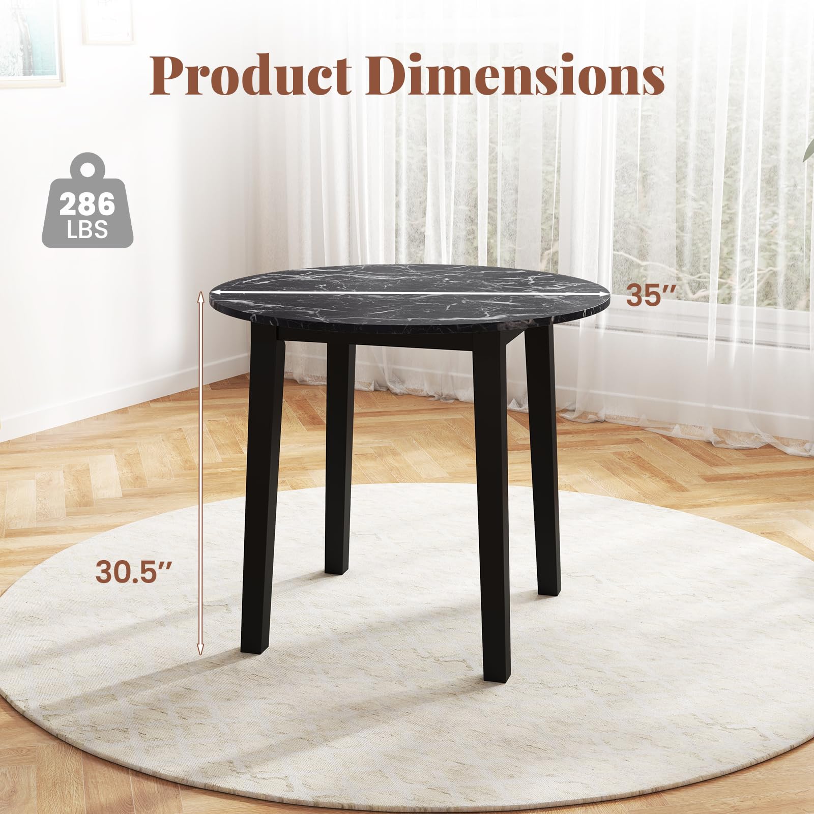 KOMFOTT 35” Round Dining Table - Kitchen Table with Rubber Wood Legs, Marble-Textured Veneer Tabletop