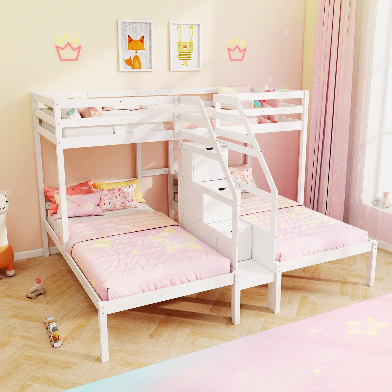 KOMFOTT Twin Over Twin & Twin Bunk Bed, Triple Bunk Beds with 4-Step Storage Stair, Guardrail & Solid Wood Structure