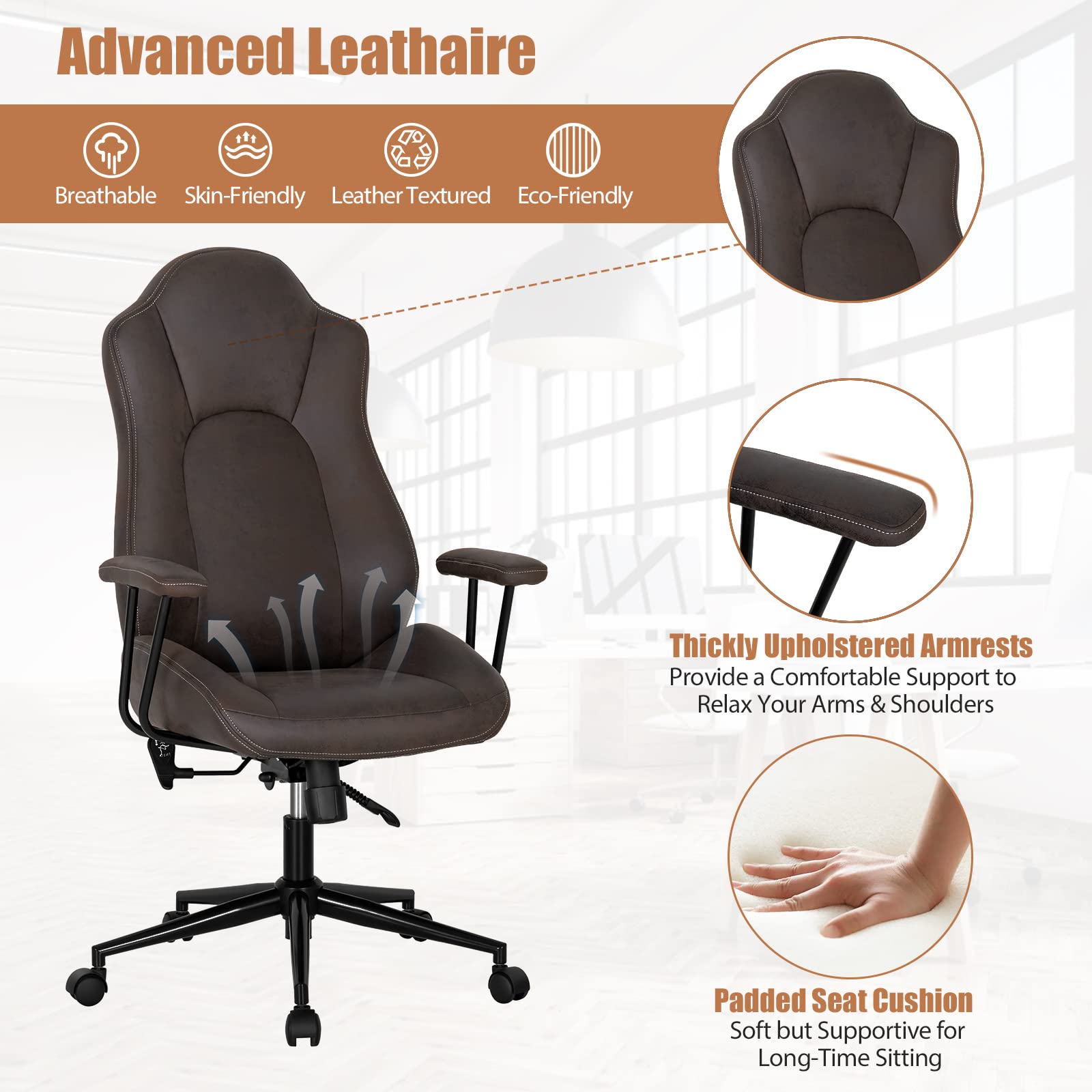 KOMFOTT High-Back Home Office Desk Chair, Ergonomic Leathaire Task Chair with Comfortable Padded Seat & Detachable Armrests