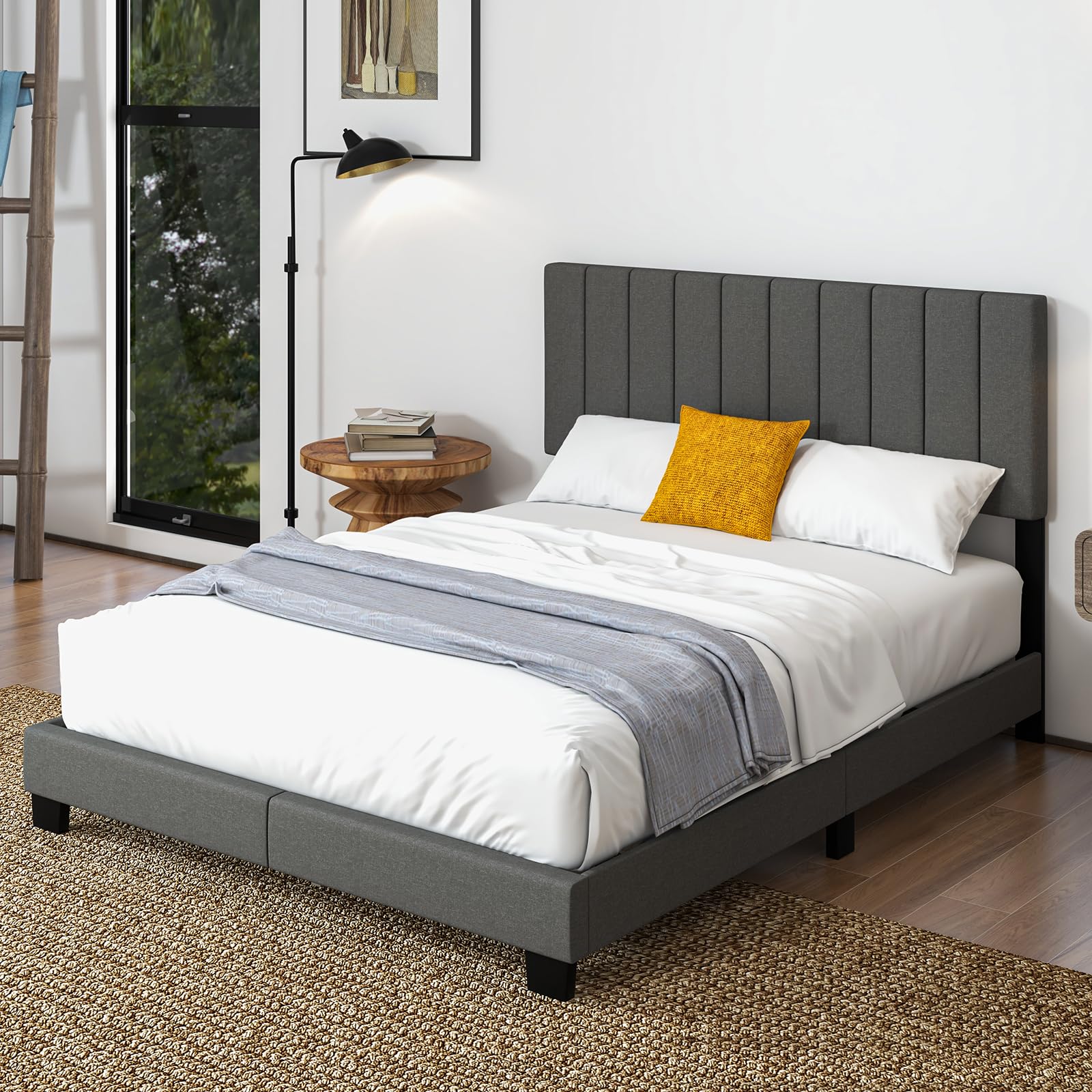 KOMFOTT Queen Size Upholstered Bed Frame, Modern Platform Bed with Vertical Channel Tufted Headboard