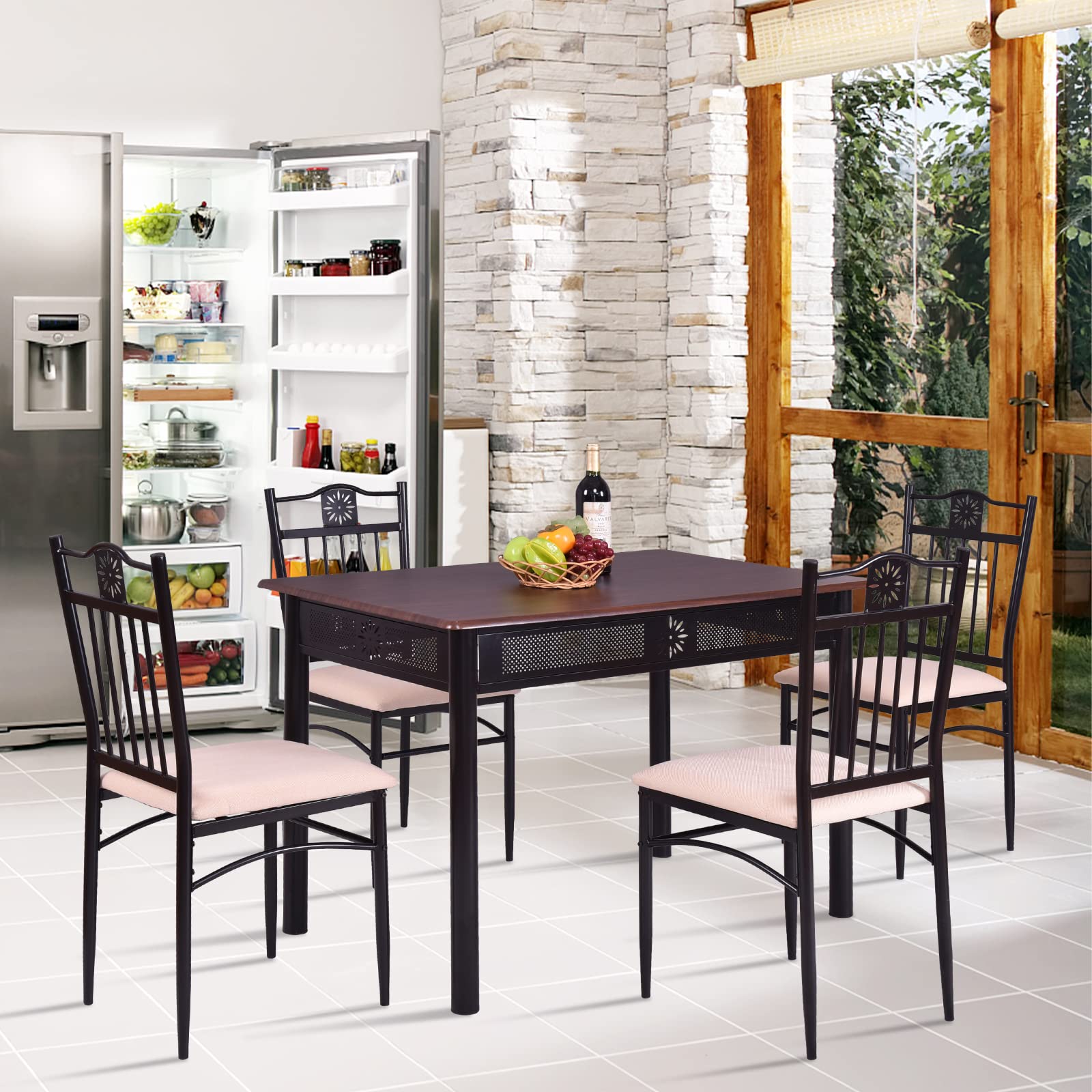 KOMFOTT 5 Piece Dining Table and Chairs Set, Vintage Retro Wood Top Metal Frame Padded Seat