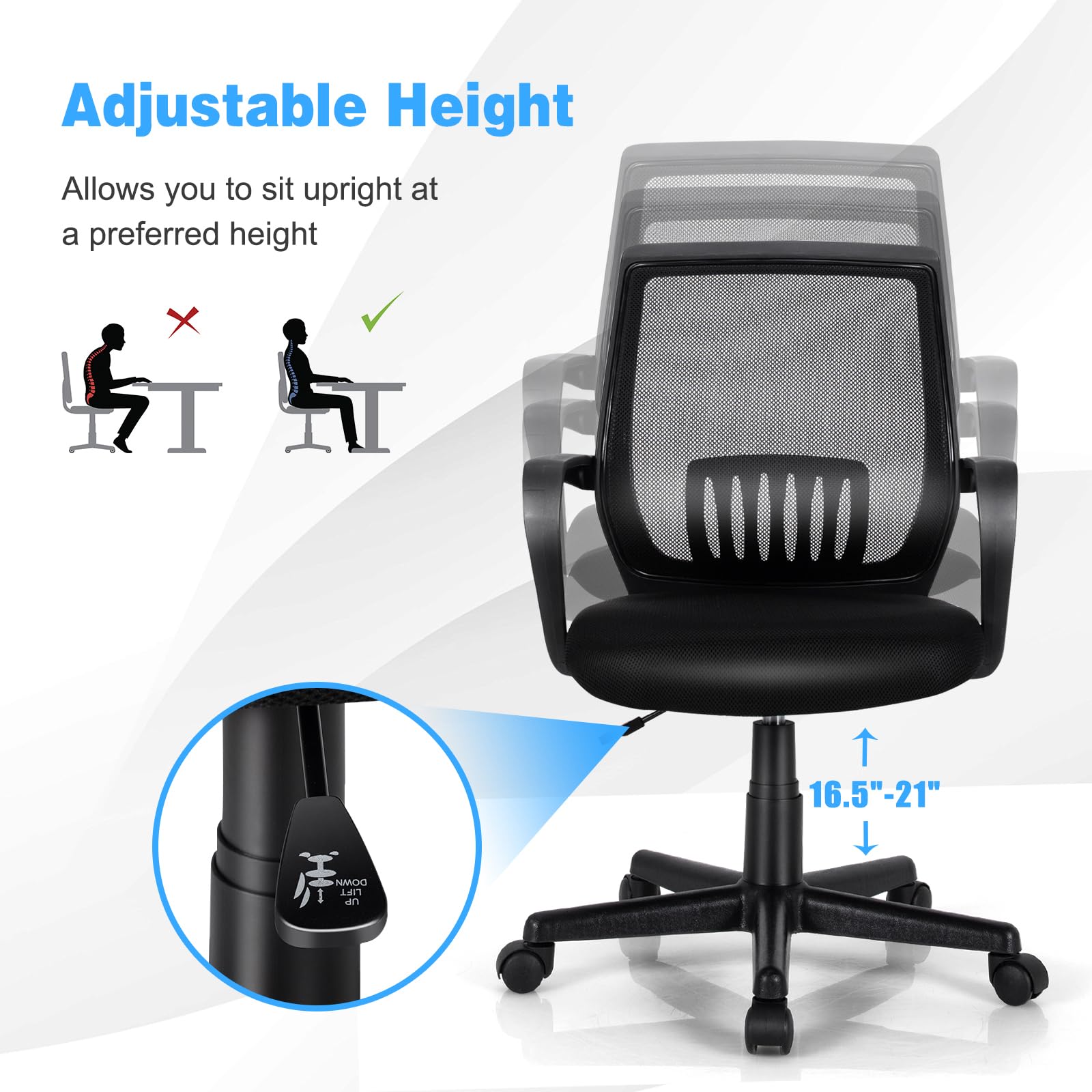 KOMFOTT Office Chair, Mesh Desk Chairs with Wheels, Lumbar Support, Waterfall Seat