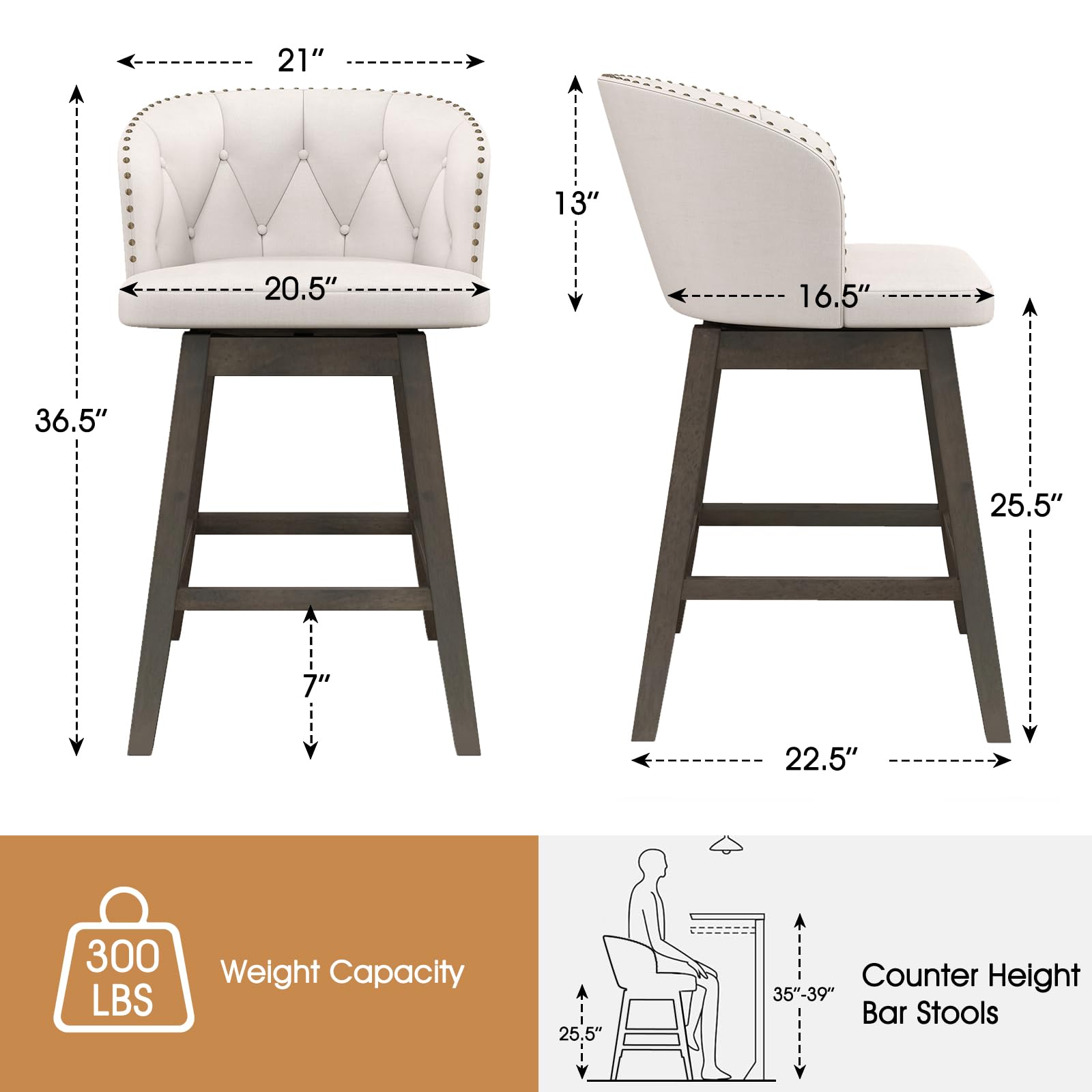 KOMFOTT Counter Height Bar Stools Set of 2/4, Fabric Upholstered Island Stools with 360° Swivel Seat & Button-Tufted Back