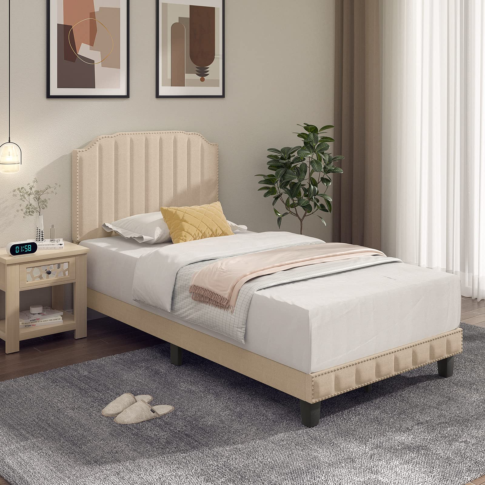 KOMFOTT Twin/Full/Queen Size Upholstered Platform Bed Frame with Headboard