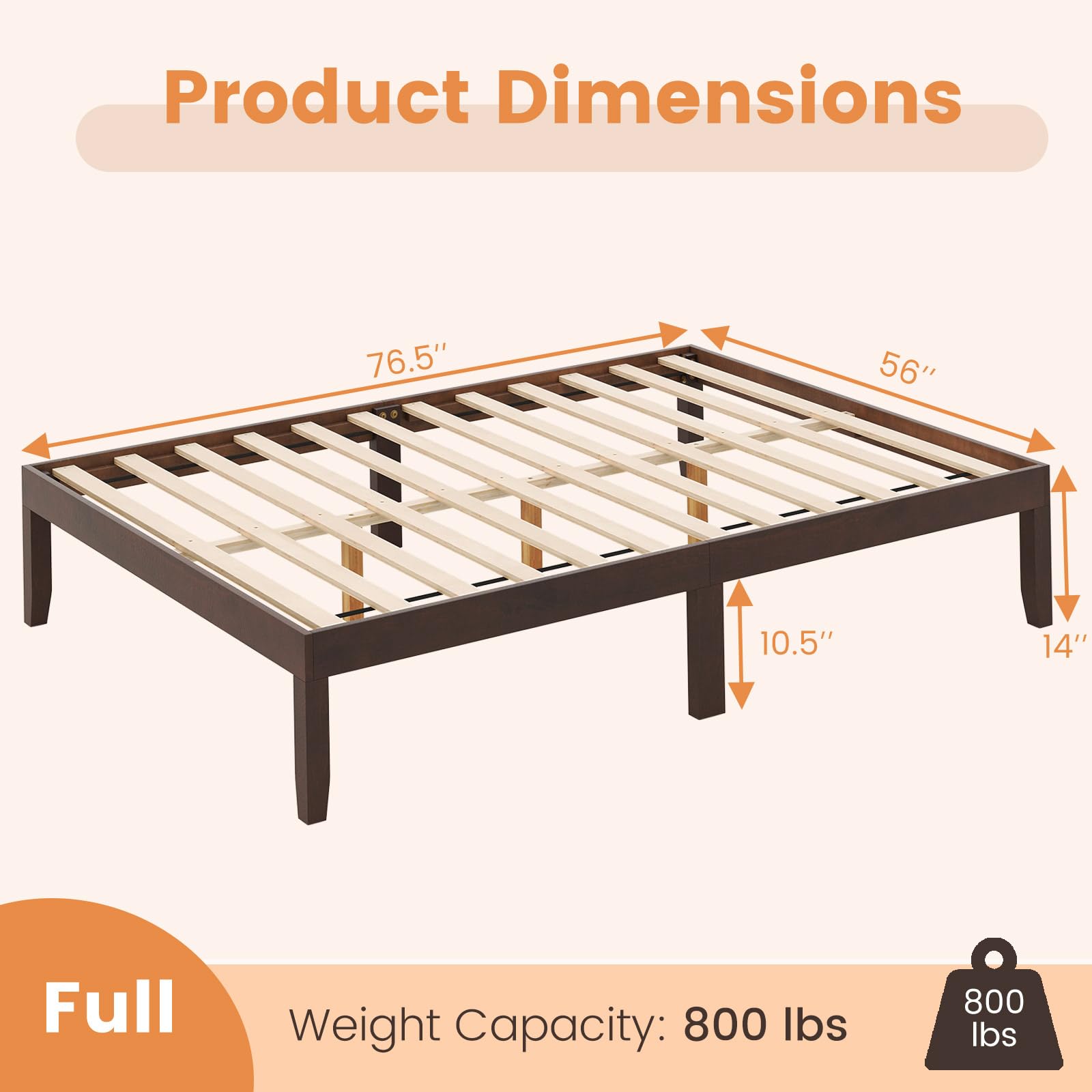 KOMFOTT Wood Platform Bed Frame, 14 Inches Wooden Mattress Foundation with Solid Rubber Wood Legs