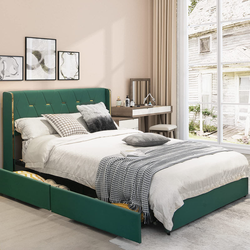 KOMFOTT Full Upholstered Bed Frame with 4 Rolling Storage Drawers, Space Saving Bed Frame with Wooden Slat Support