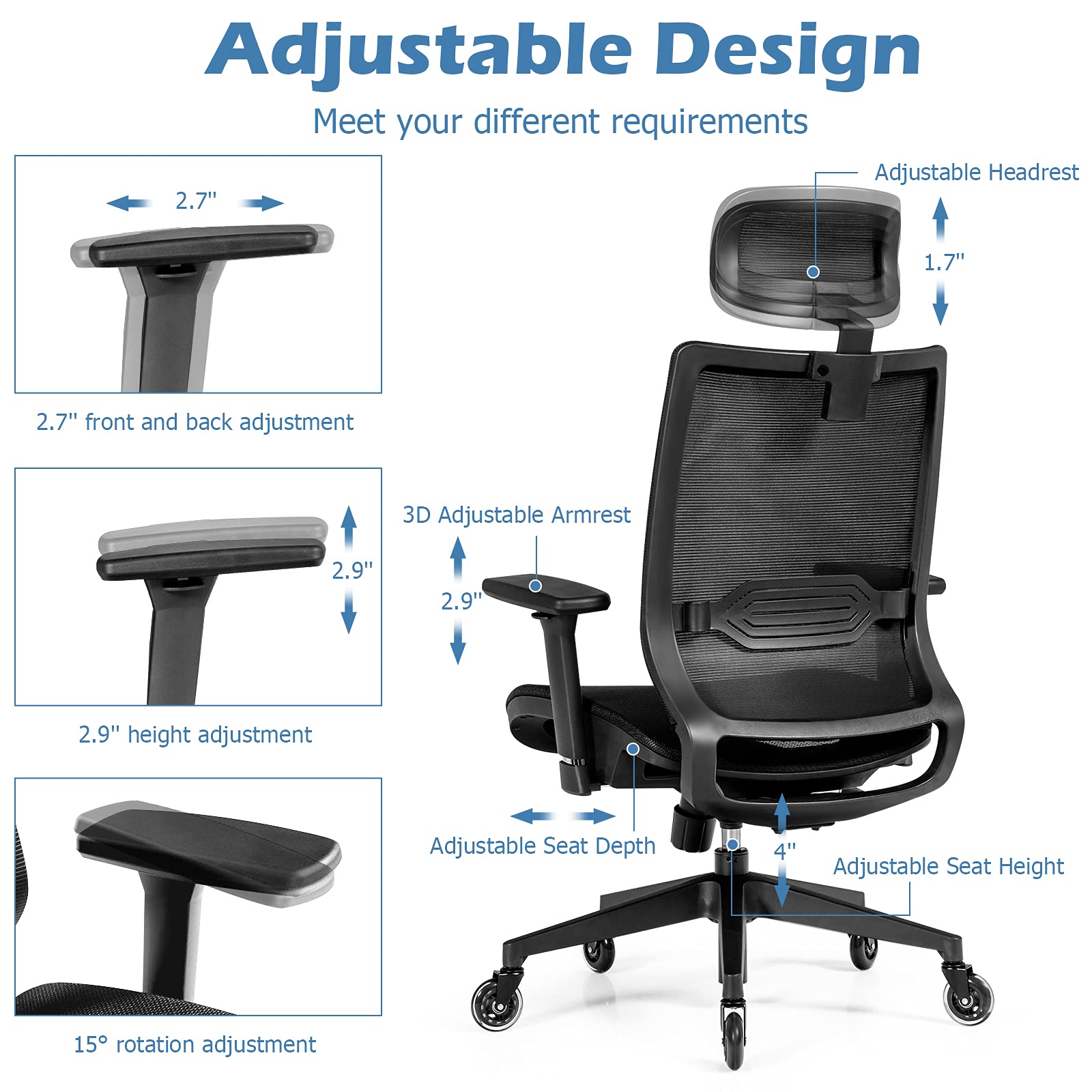 KOMFOTT Ergonomic Mesh Office Chair, Reclining Swivel Chair w/4D Armrest, Adjustable Lumbar Support & Headrest