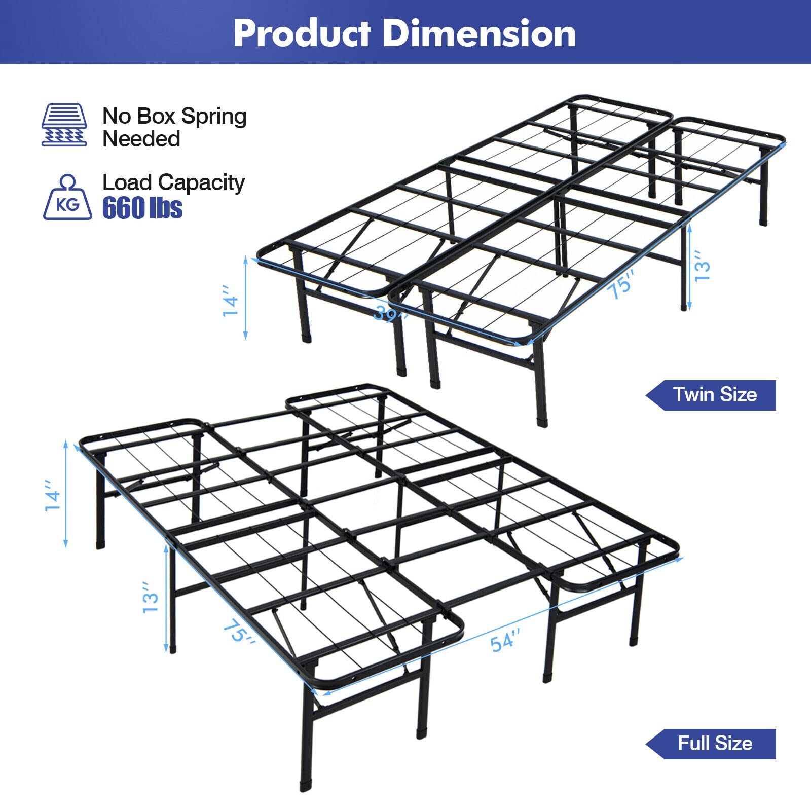 KOMFOTT 2 in 1 Folding Metal Bed Frame,Twin/Full- Queen/King Size Portable Bed Base