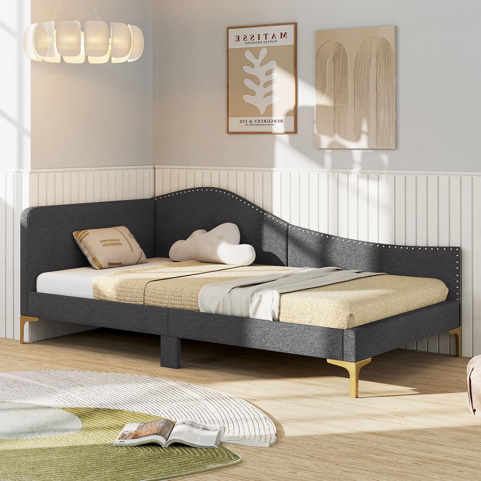 KOMFOTT Rivet-Tufted Platform Bed Frame with Headboard, Metal Legs & Wood Slats, L-Shaped Corner Sofa Bed