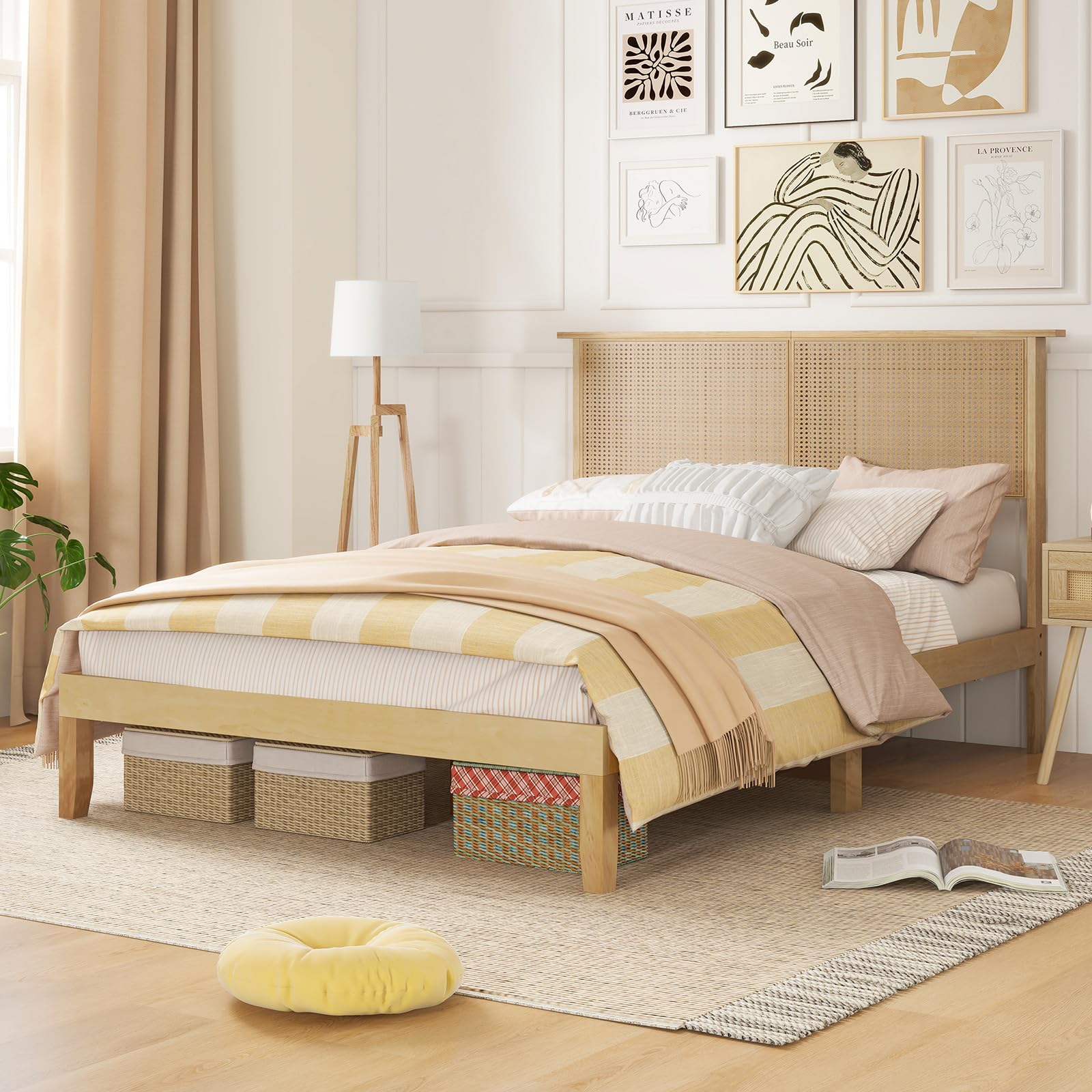 KOMFOTT Rattan Bed Frame with Rattan Headboard, Boho Solid Wood Platform Bed with Wooden Slats