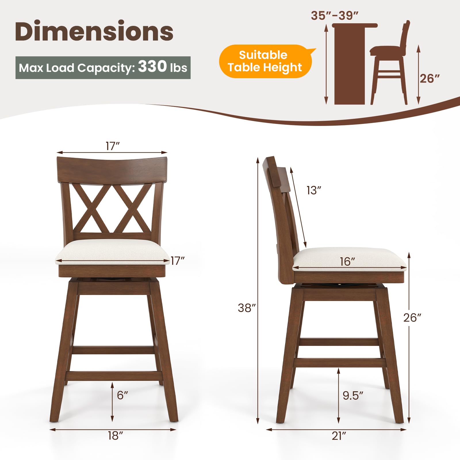 KOMFOTT Bar Stool, Swivel Counter Height Bar Chair with Contoured Backrest, Padded Seat & Rubber Wood Legs