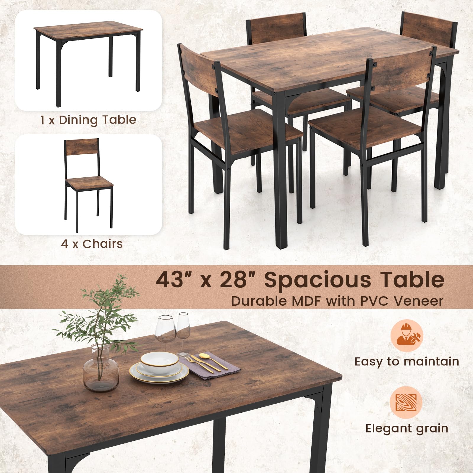 KOMFOTT 5-Piece Dining Table Set, Industrial Kitchen Table and Chairs for 4 with Backrest and Metal Frame, Rectangular Space-Saving Dinette Set