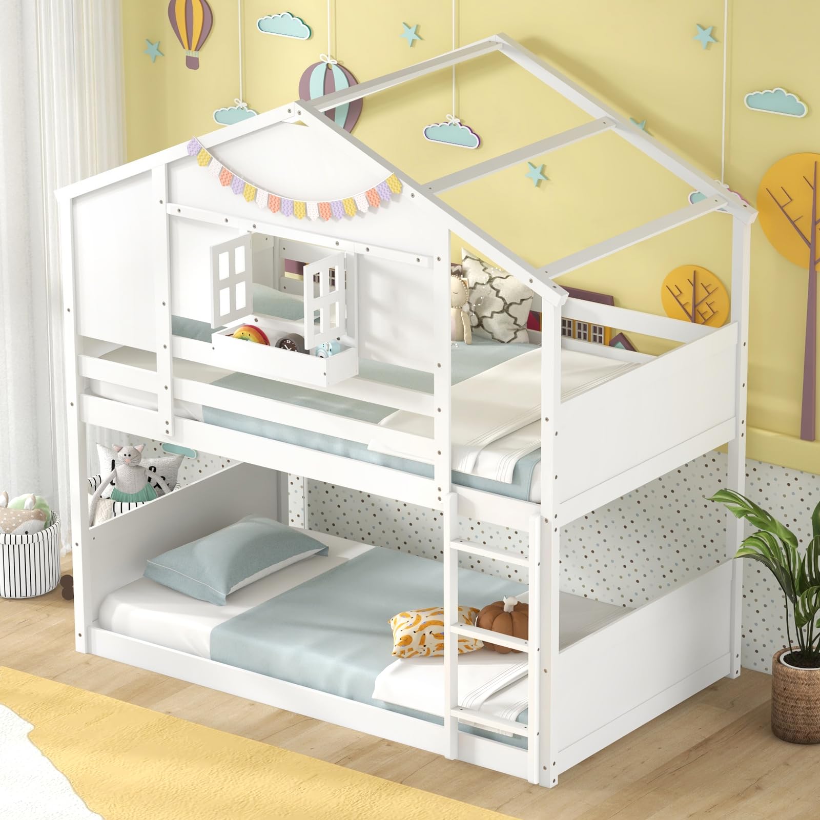 KOMFOTT Twin Over Twin Wood House Bed for Kids with Roof, Window Door, Storage Box, Safety Guardrails, Wood Slats & Ladder