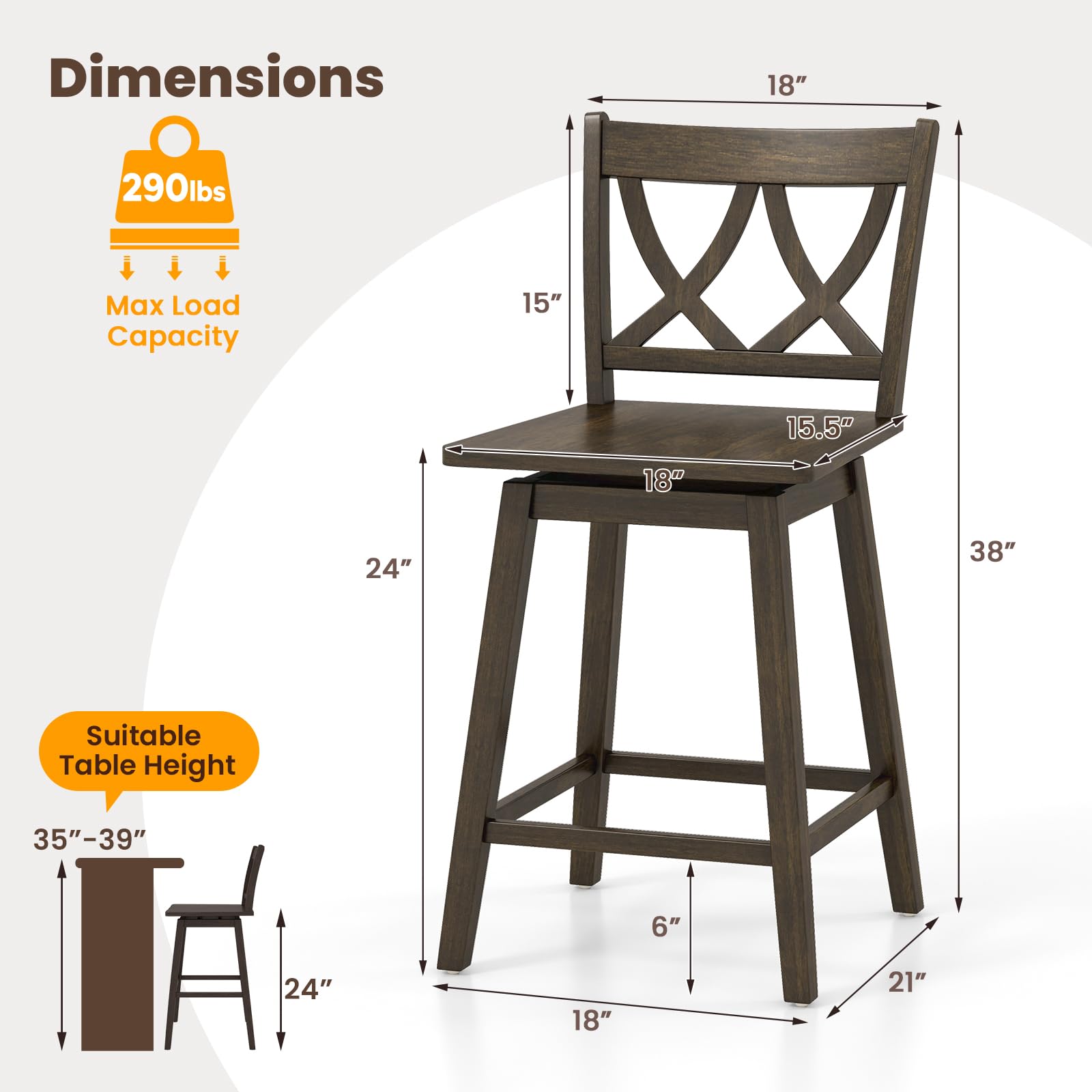 KOMFOTT Bar Stools Set of 2/4, Swivel Wooden Bar Chairs with Rubber Wood Frame, Footrest & Ergonomic Backrest