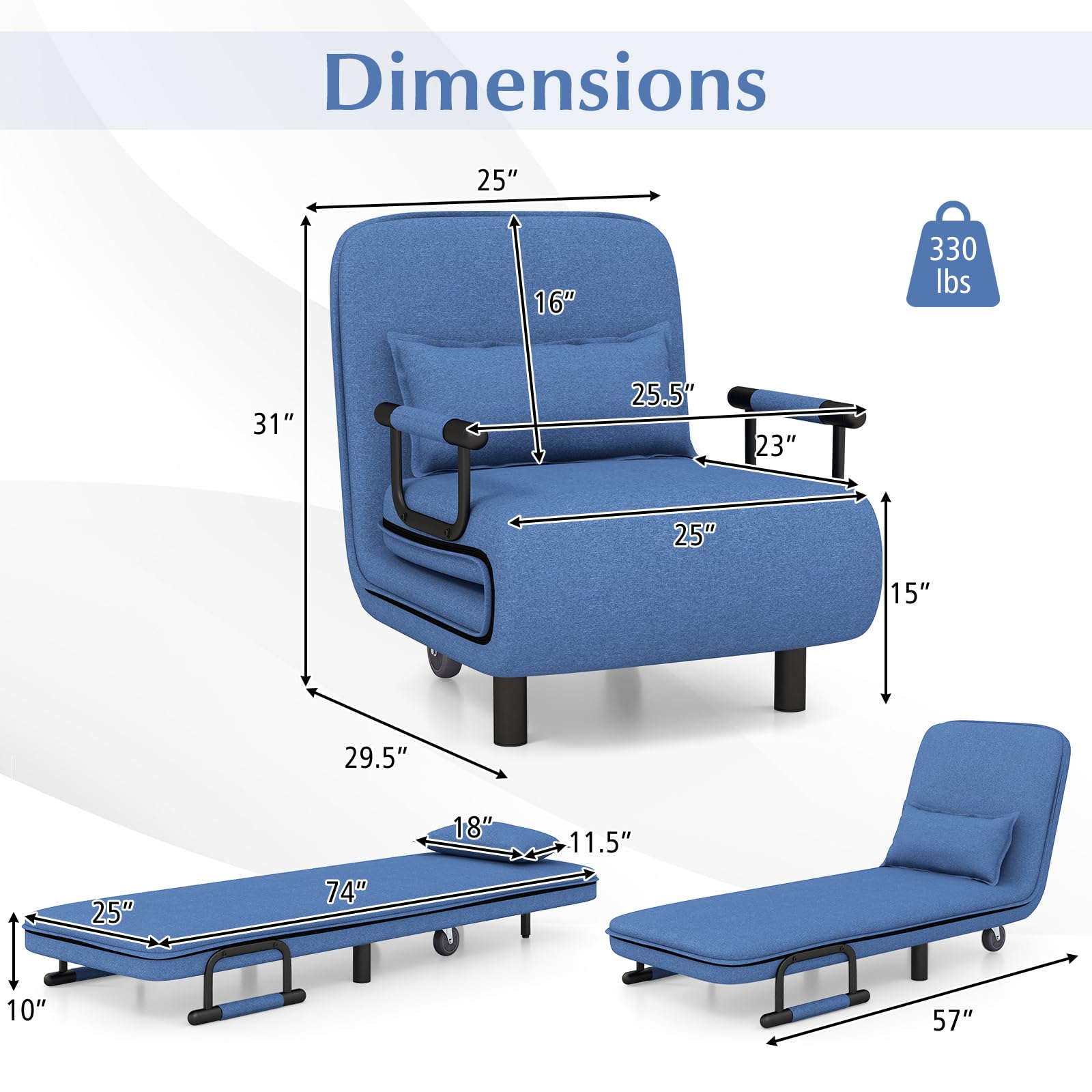 KOMFOTT Convertible Chair Bed with 5-Position Adjustable Backrest & Lumbar Pillow, 2 Hidden Metal Legs & 2 Lockable Casters