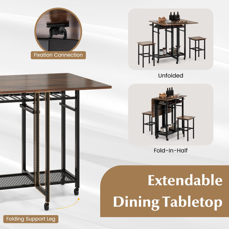 KOMFOTT 3 Piece Foldable Dining Table Set, Extendable Dining Table & 2 Stools Set w/ 6-Bottle Wine Rack, Shelves & Side Pushing Handle