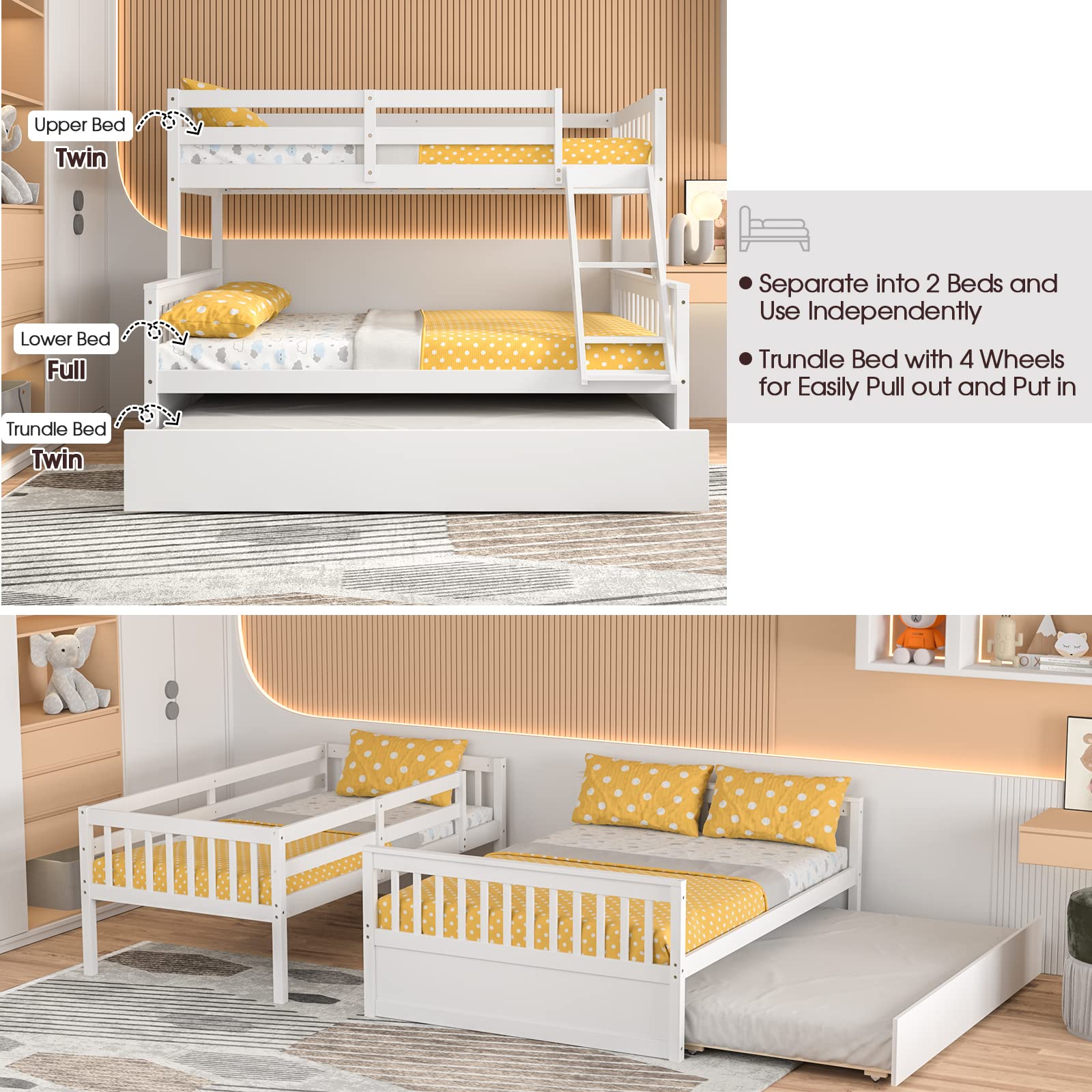 KOMFOTT Wood Twin Over Full Bunk Bed with Solid Pine Wood Frame