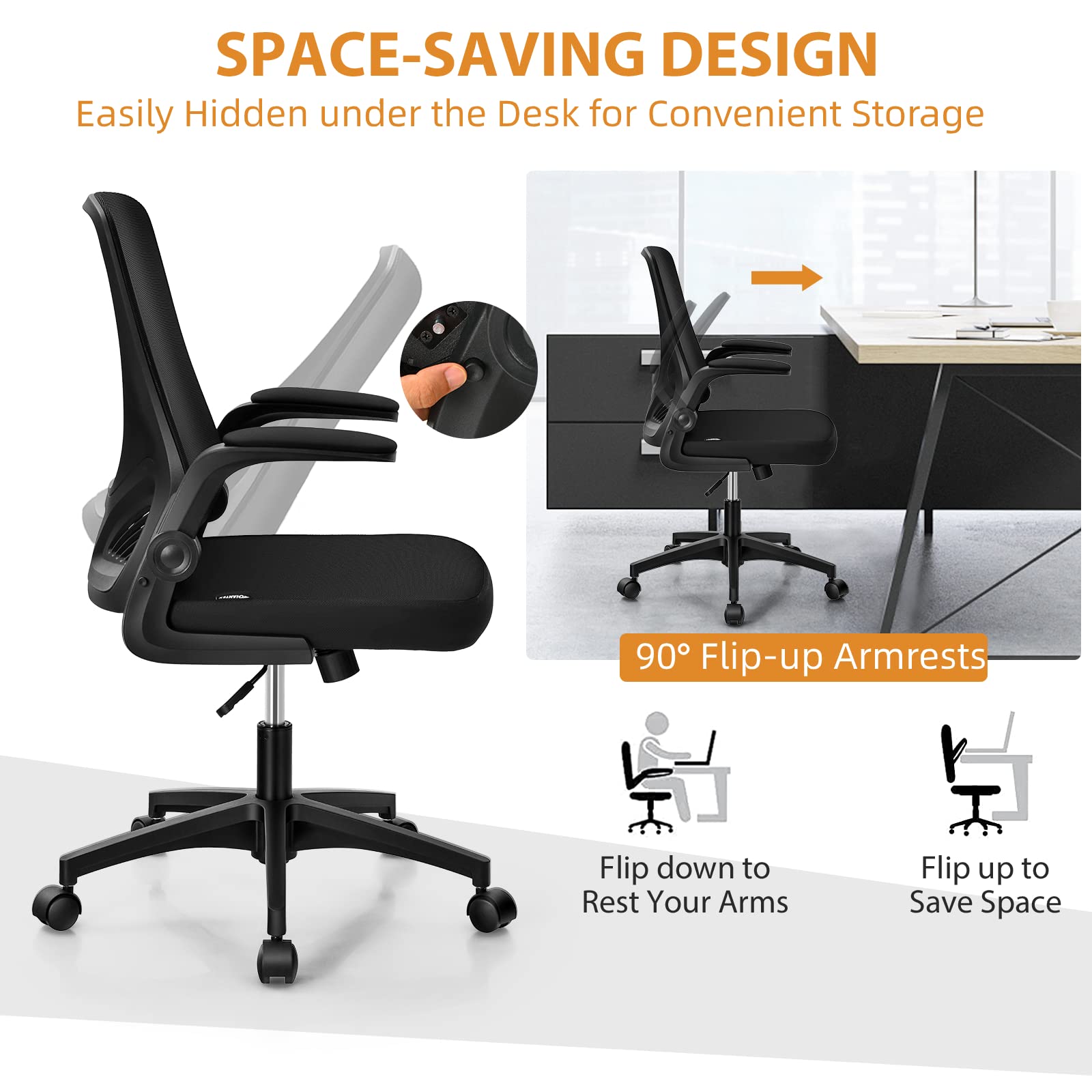 KOMFOTT Ergonomic Office Chair w/Foldable Backrest, Mid Back Mesh Chair with Lumbar Support, Flip up Arms