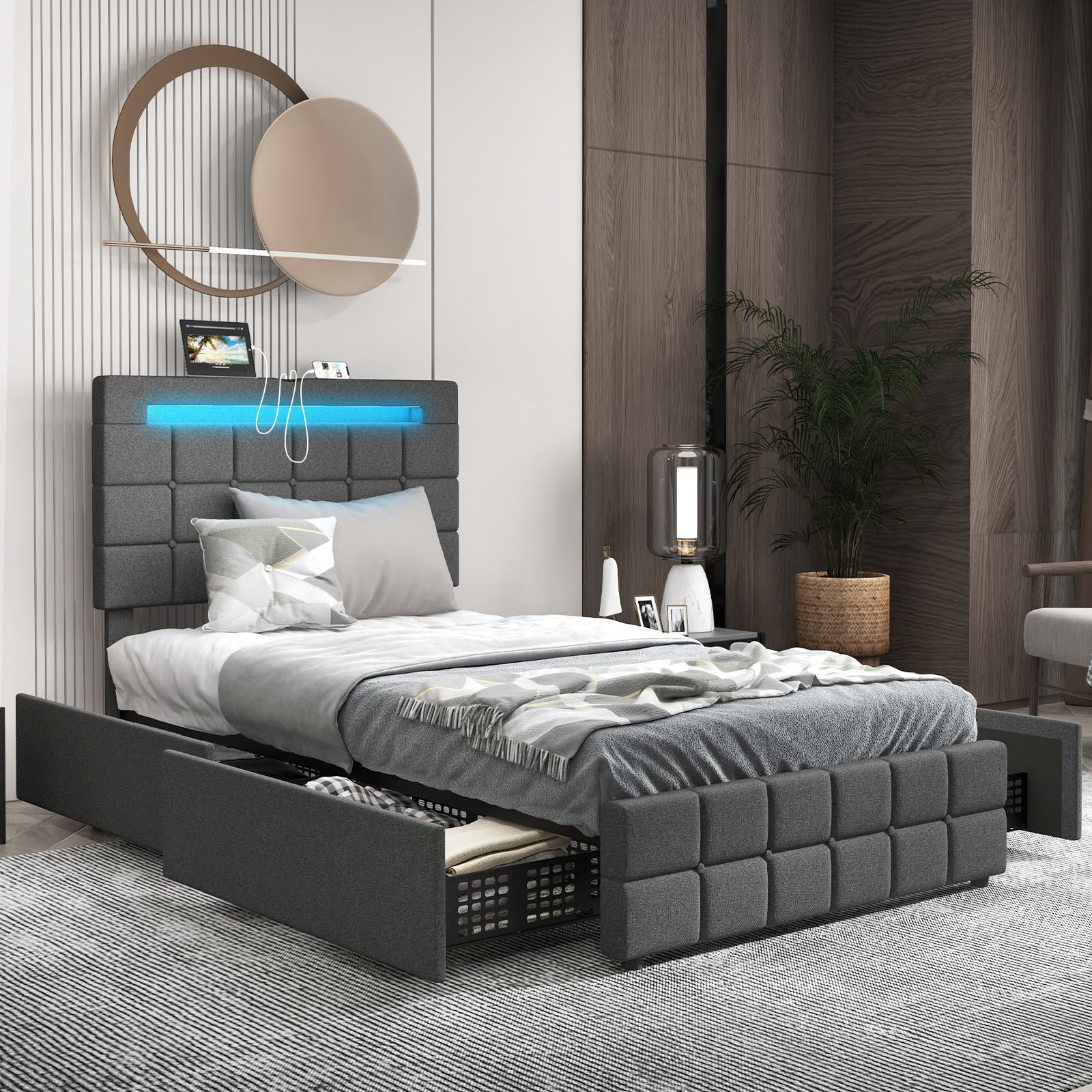 KOMFOTT Upholstered Bed Frame with LED Lights and 4 Drawers, Height Adjustable Headboard with USB Ports