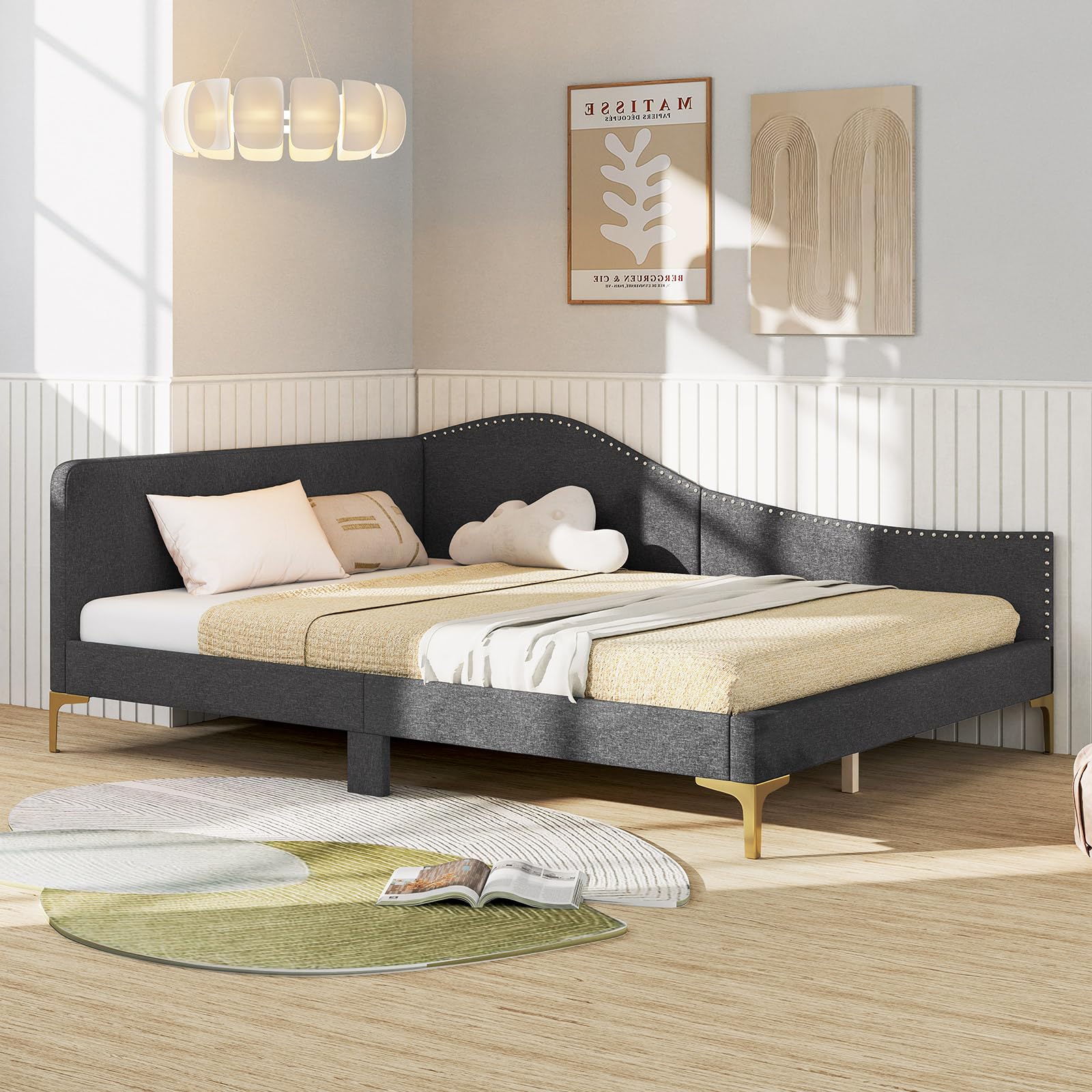 KOMFOTT Rivet-Tufted Platform Bed Frame with Headboard, Metal Legs & Wood Slats, L-Shaped Corner Sofa Bed