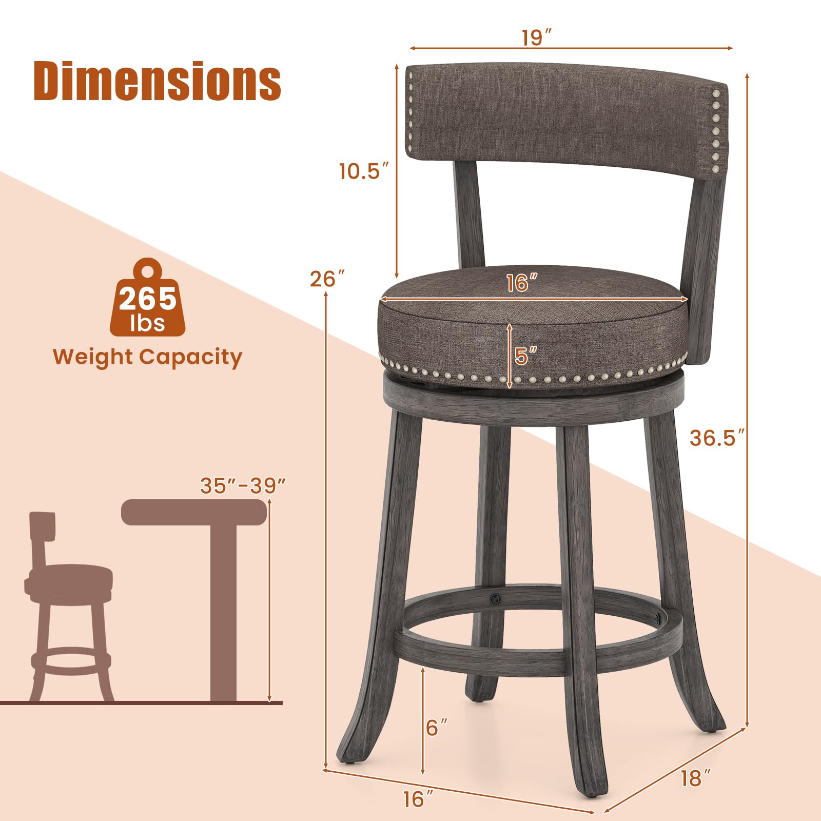 KOMFOTT Bar Stools Set of 2/4, Swivel Counter Height Bar Chairs with Footrest, Rubber Wood Frame