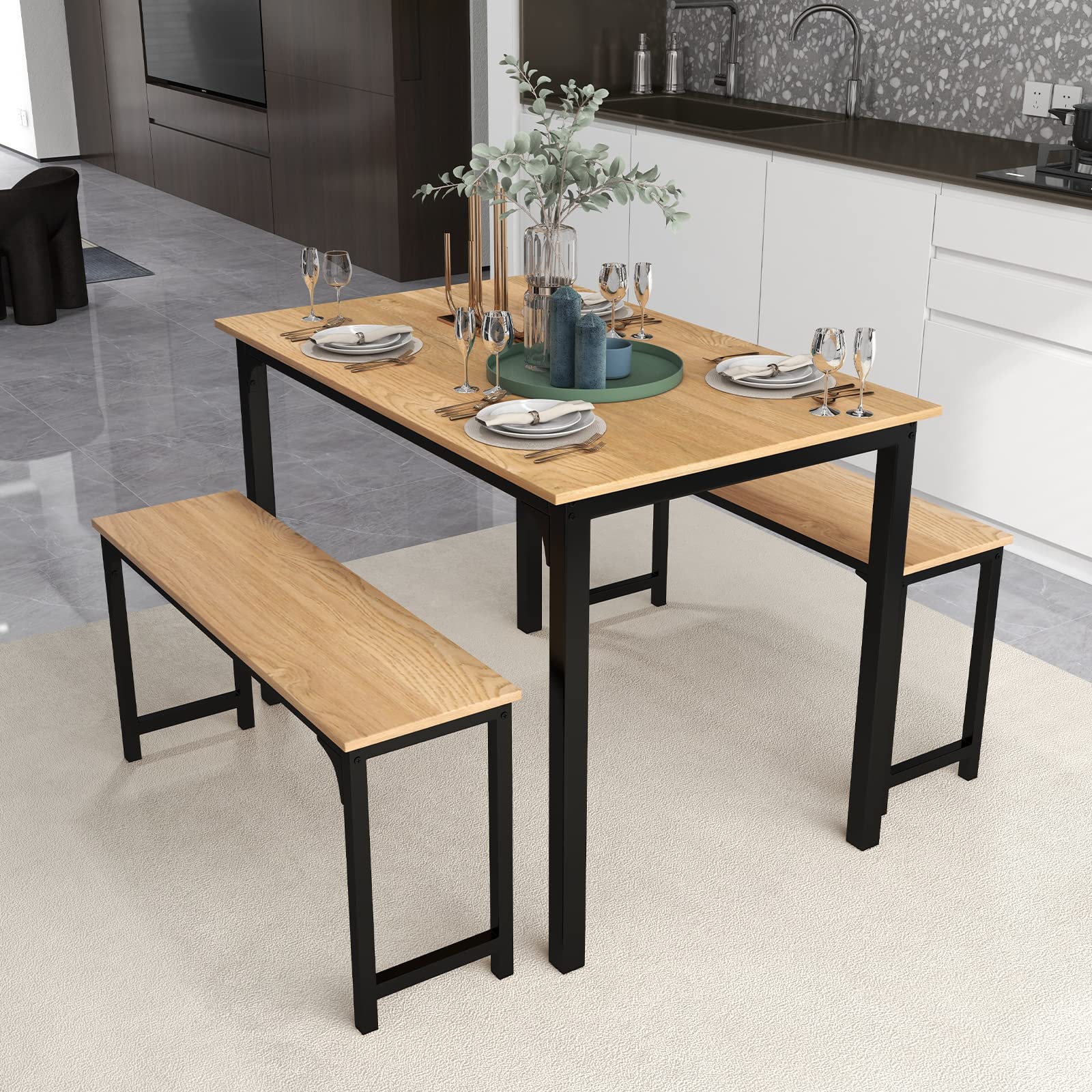 KOMFOTT Dining Table Set with 2 Benches, Industrial Kitchen Table & Chairs with Metal Frame