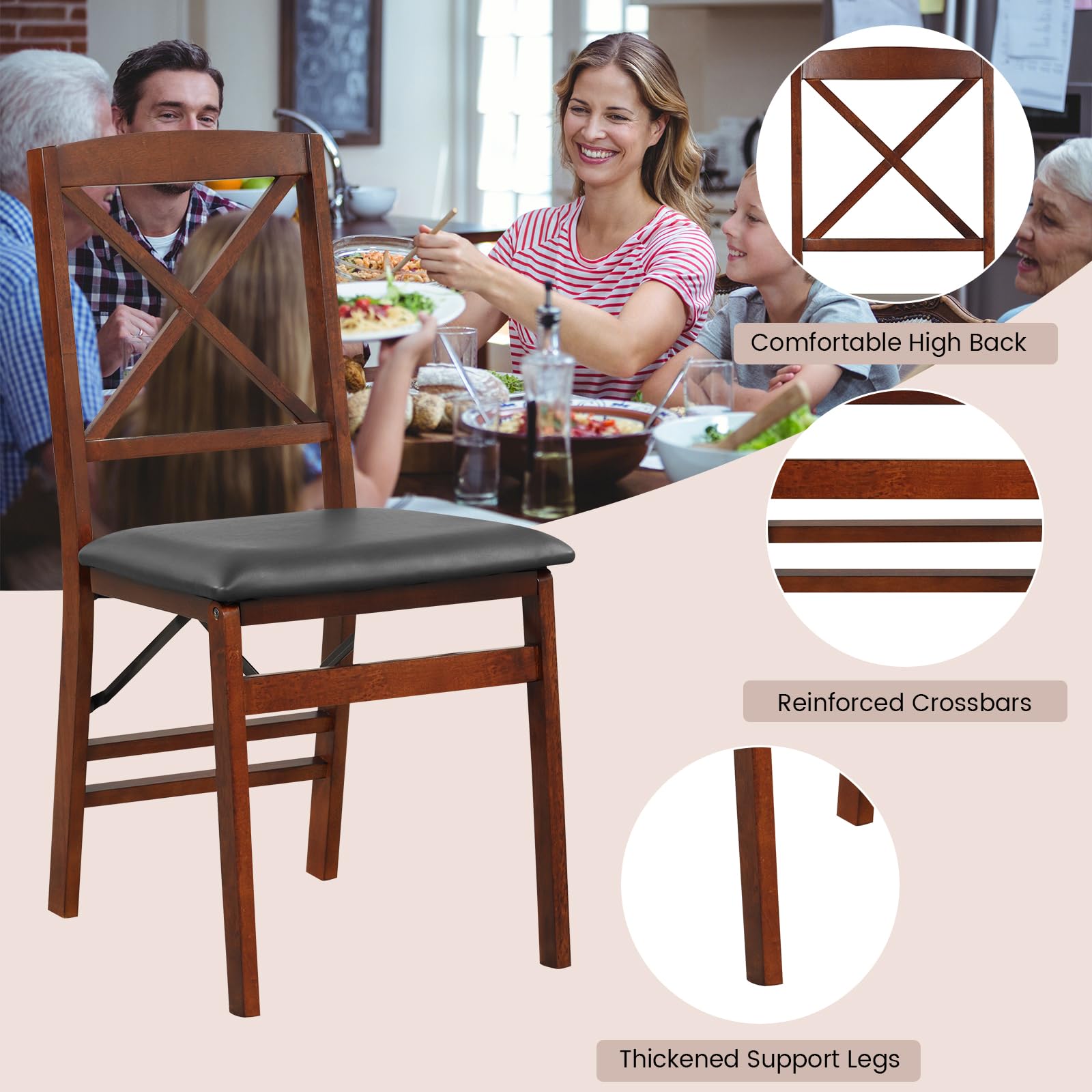 KOMFOTT Folding Dining Chairs Set of 2/4, Foldable Wood Chairs with PVC Padded Seat & High Backrest