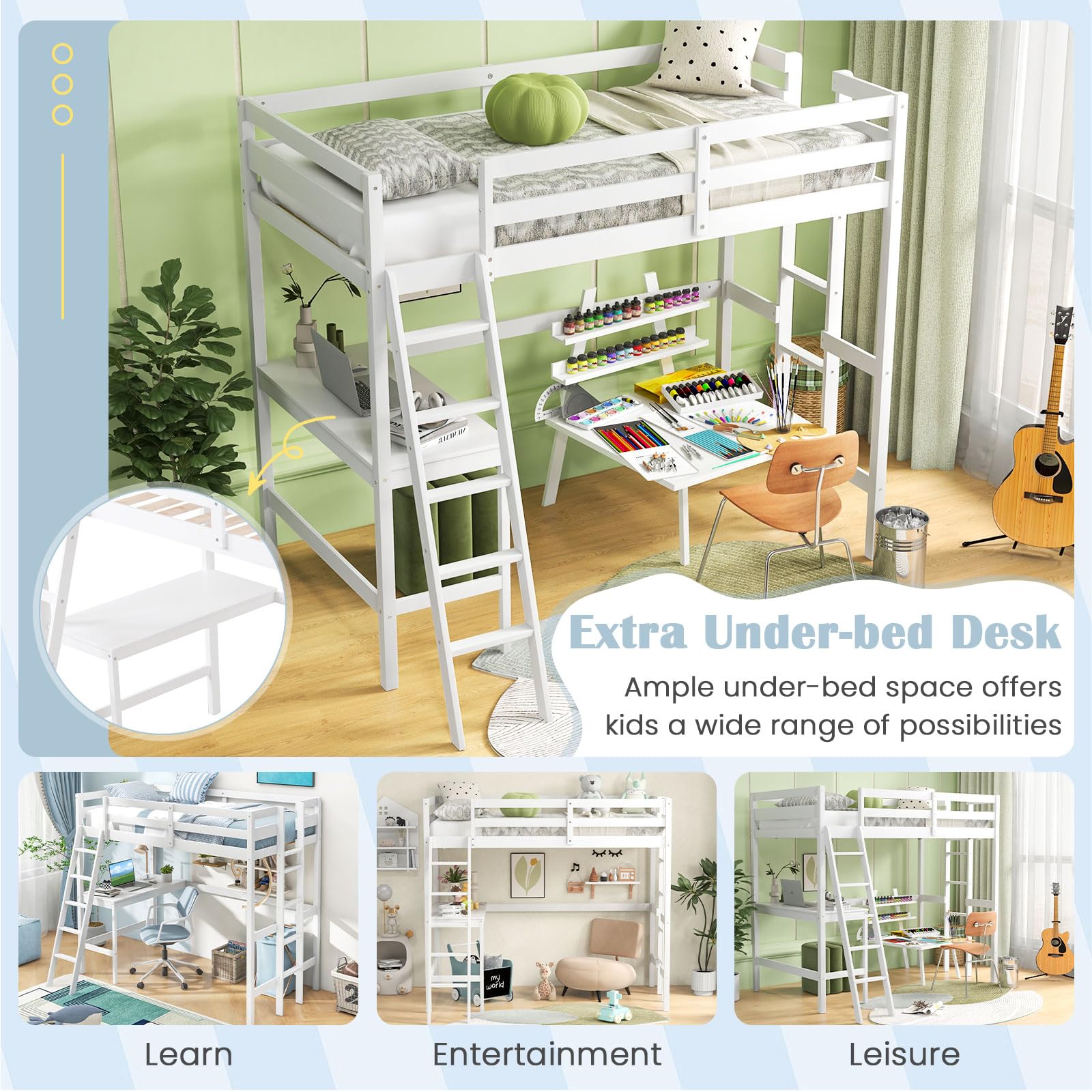 KOMFOTT Twin Size Wood Loft Bed with Desk, 2 Ladders, Full Length Guardrail for Kids Teens Adults