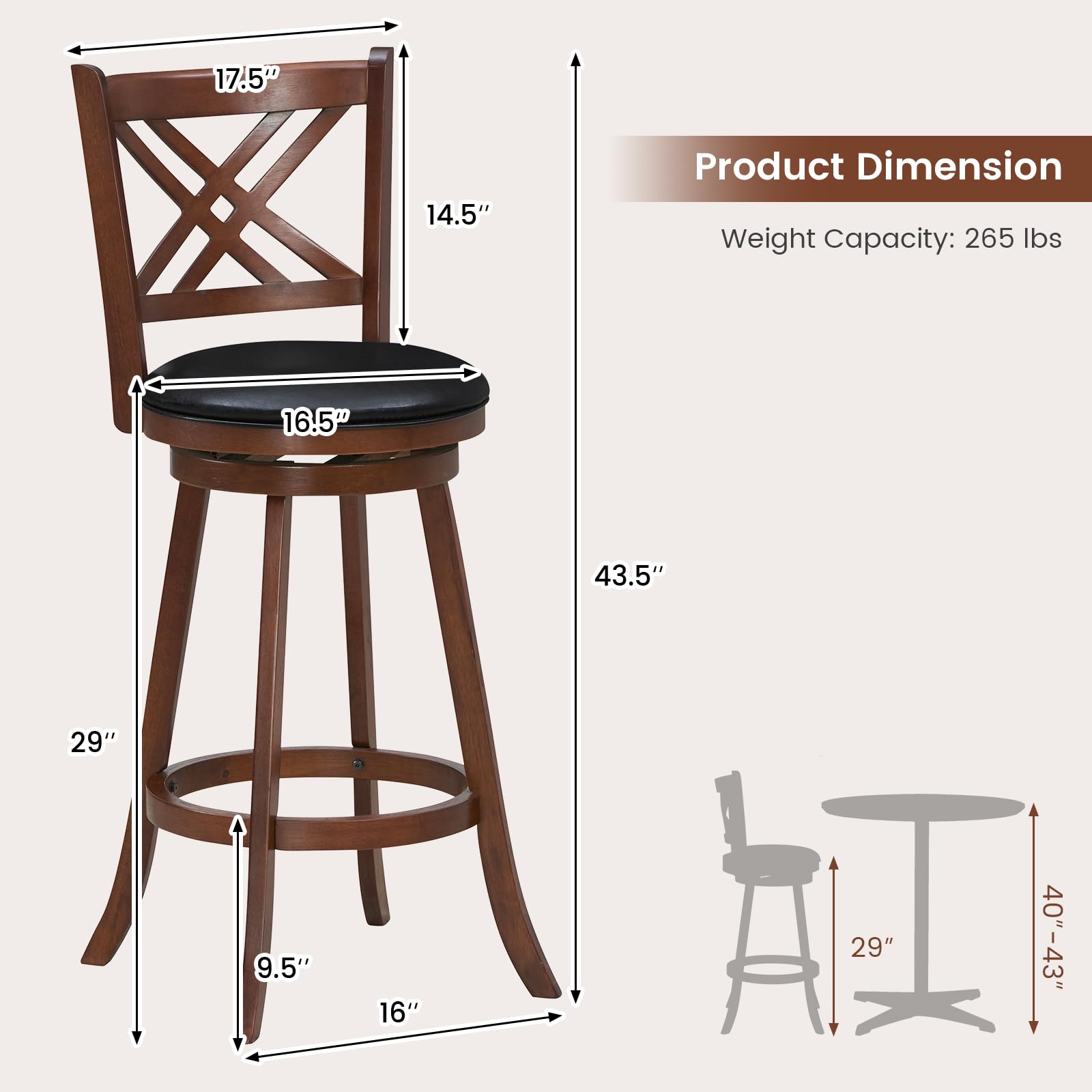 KOMFOTT 360° Swivel Barstools Set of 2/4, 29" Bar Height Bar Chairs with Back & Footrest