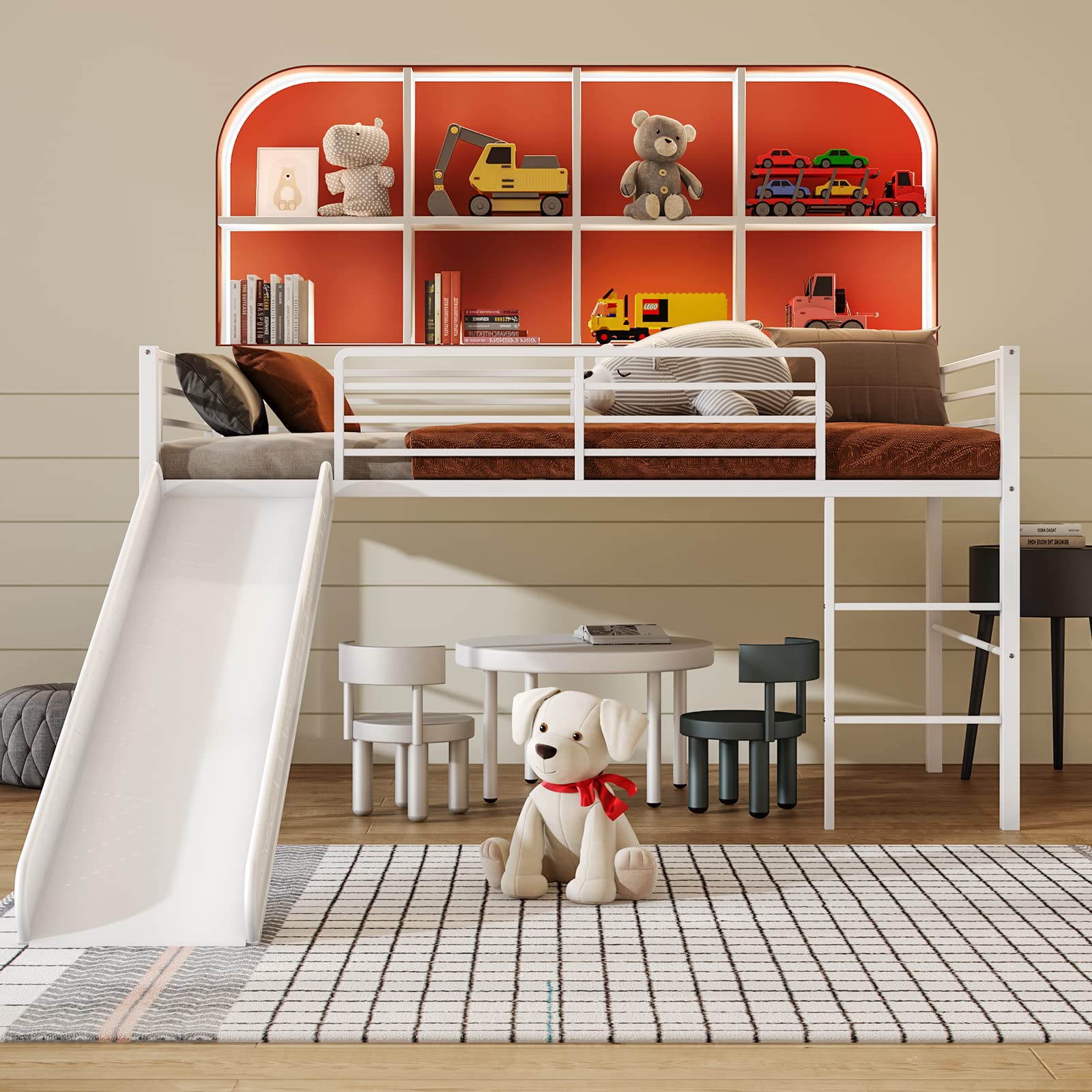 KOMFOTT Twin Metal Low Loft Bed with Slide, Safety Guardrails & Built-in Ladder