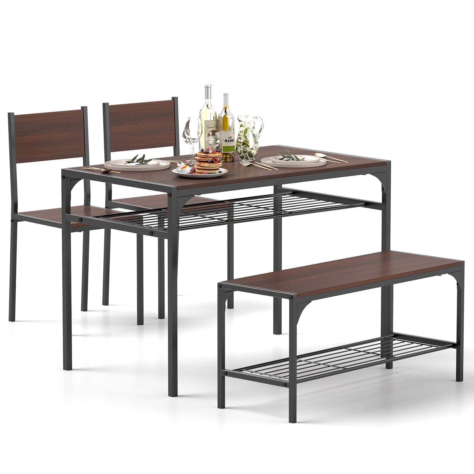 KOMFOTT 4 Pieces Dining Table Set, Kitchen Table and 2 Chairs for 4 with Bench, Storage Racks