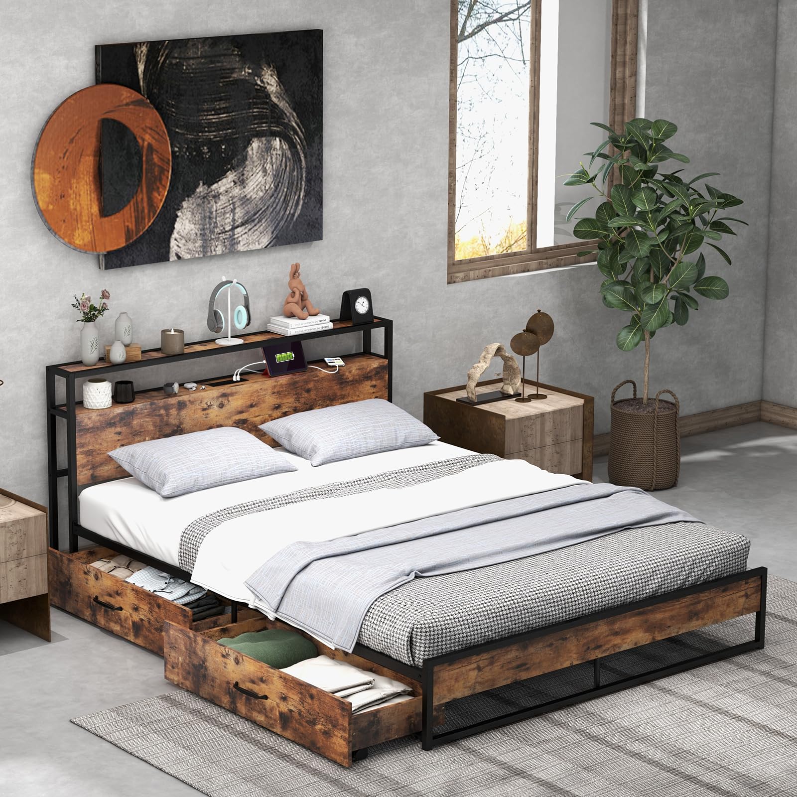 KOMFOTT Bed Frame with 2 Storage Drawers and Charging Station，Rustic Metal Slats Support Mattress Foundation