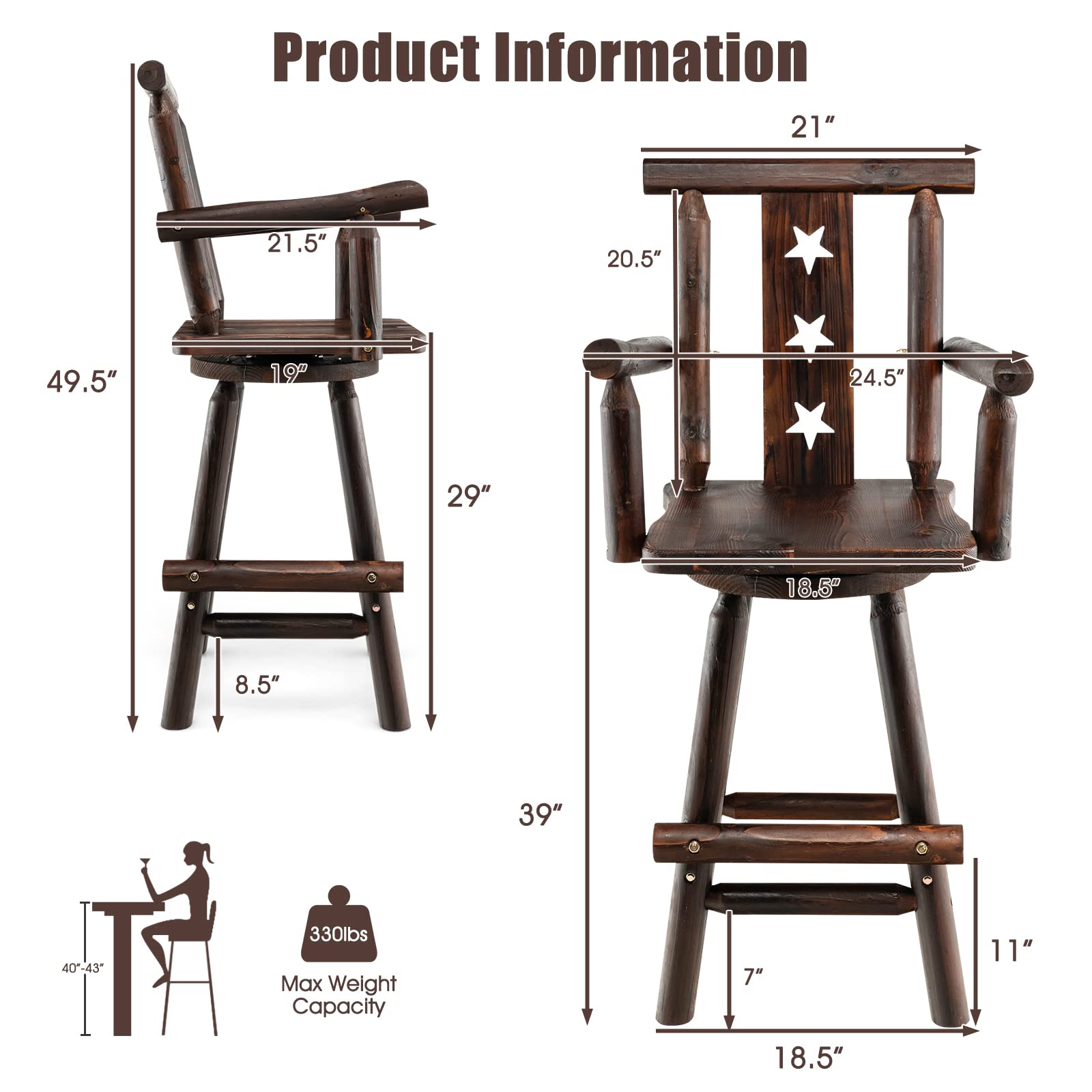 KOMFOTT Bar Stools Set of 2, 29’’ Solid Fir Wood Bar Chair with Footrest, Decorative Star Backrest, Wide Armrest