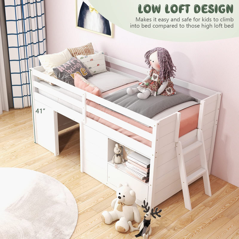KOMFOTT Twin Low Loft Bed with Underneath House & Storage Drawers, Solid Wood Twin Loft Bed with Integrated Ladder & Guardrails