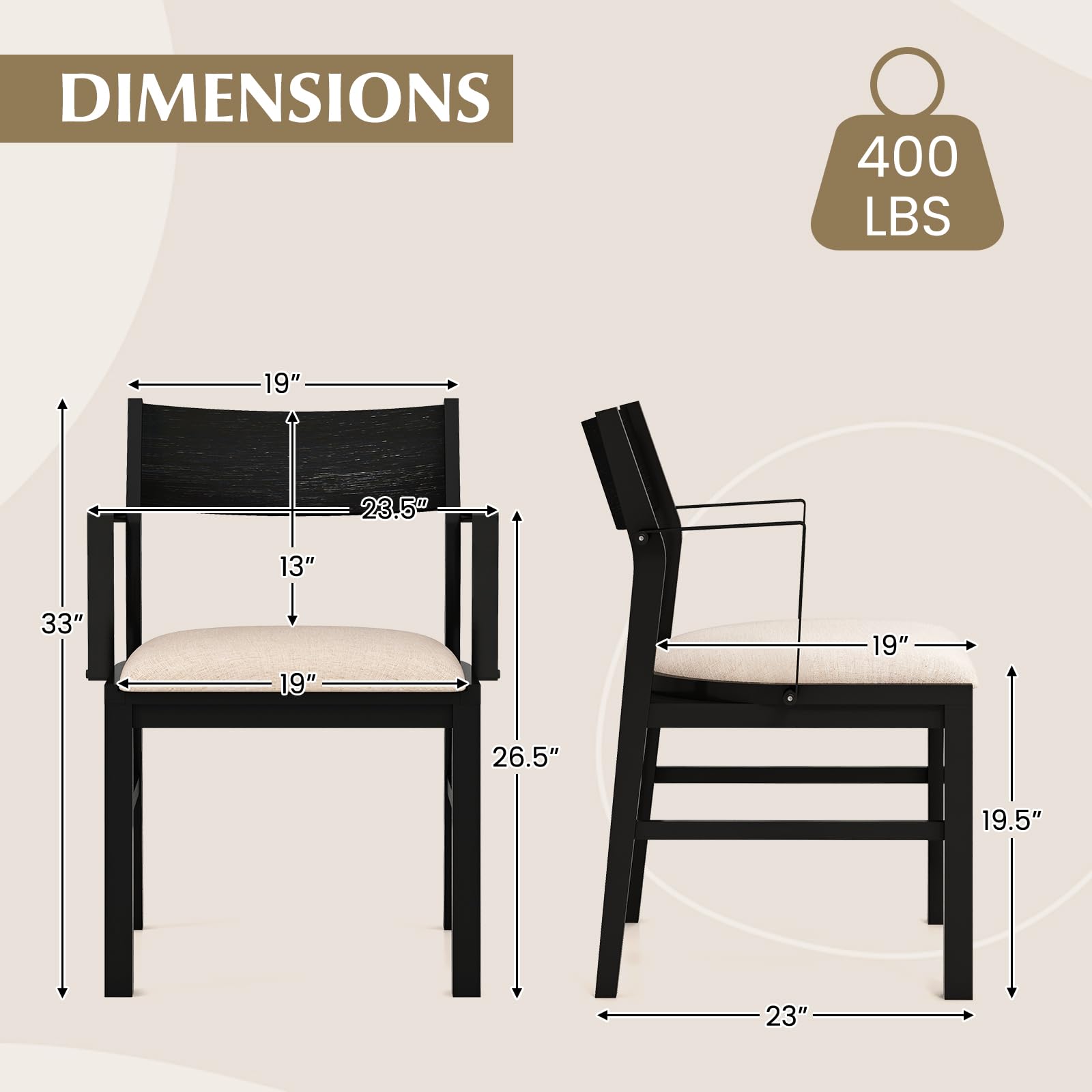 Komfott Dining Chairs Set of 2, Accent Armchairs with Padded Seat, Metal Armrest, Solid Rubber Wood Legss