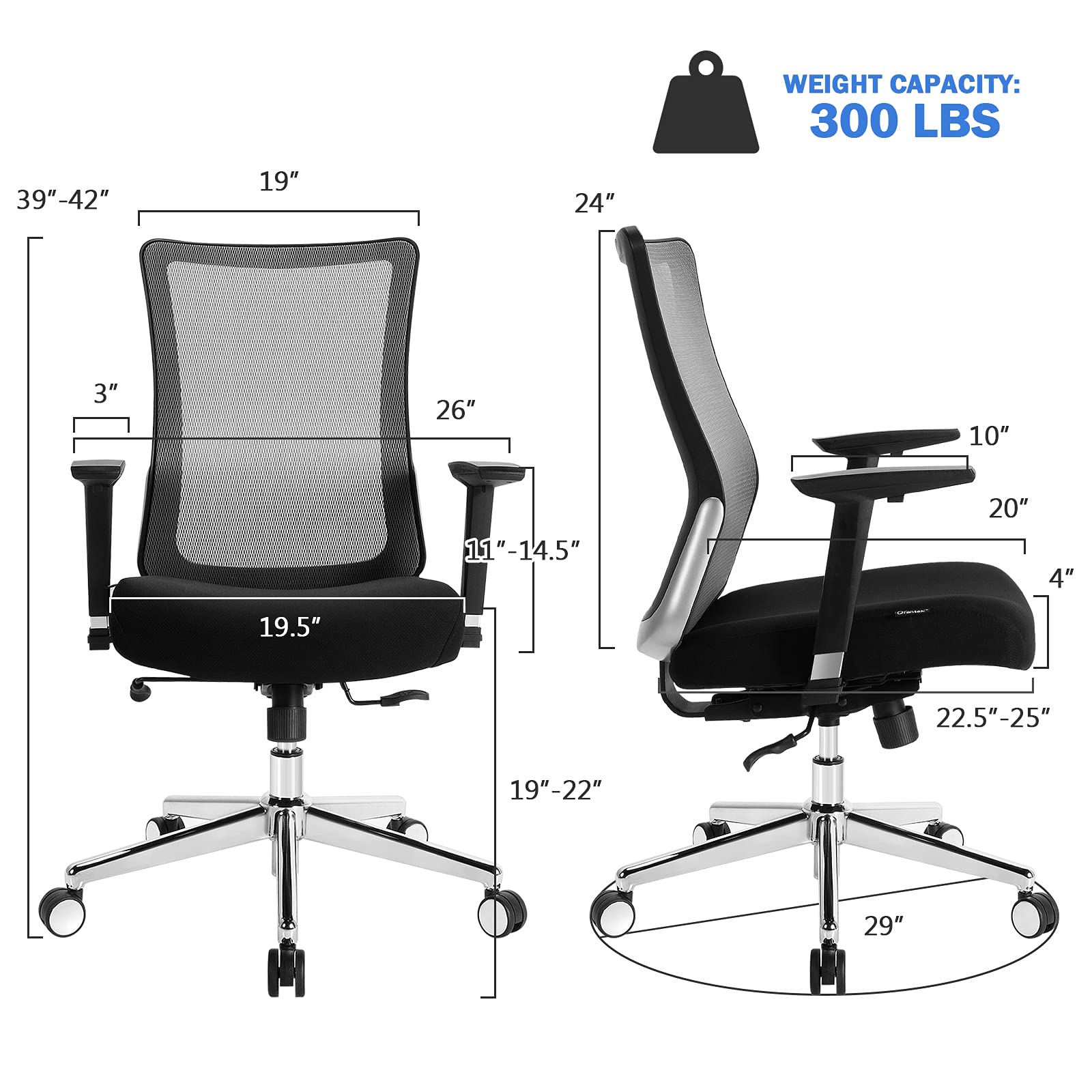 KOMFOTT Ergonomic Office Chair, Mesh Desk Chair with Adjustable Seat Depth, Computer Chair with Wheels and Rocking Function