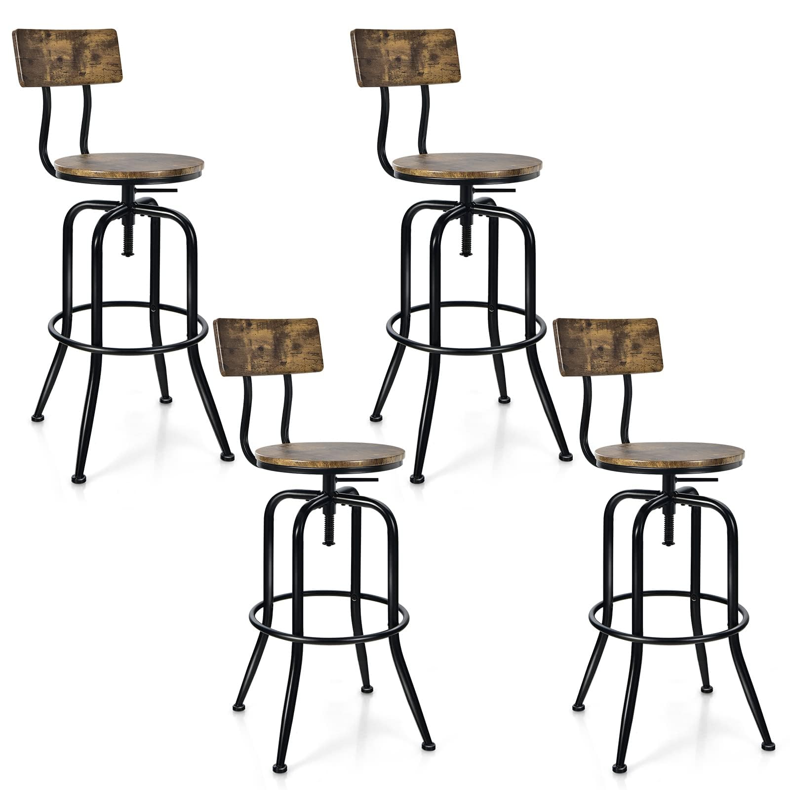 KOMFOTT Bar Stools Set of 2/4, Industrial Counter Height Bar Chairs with Height Adjustable Seat, Arc-shaped Backrest & Footrest