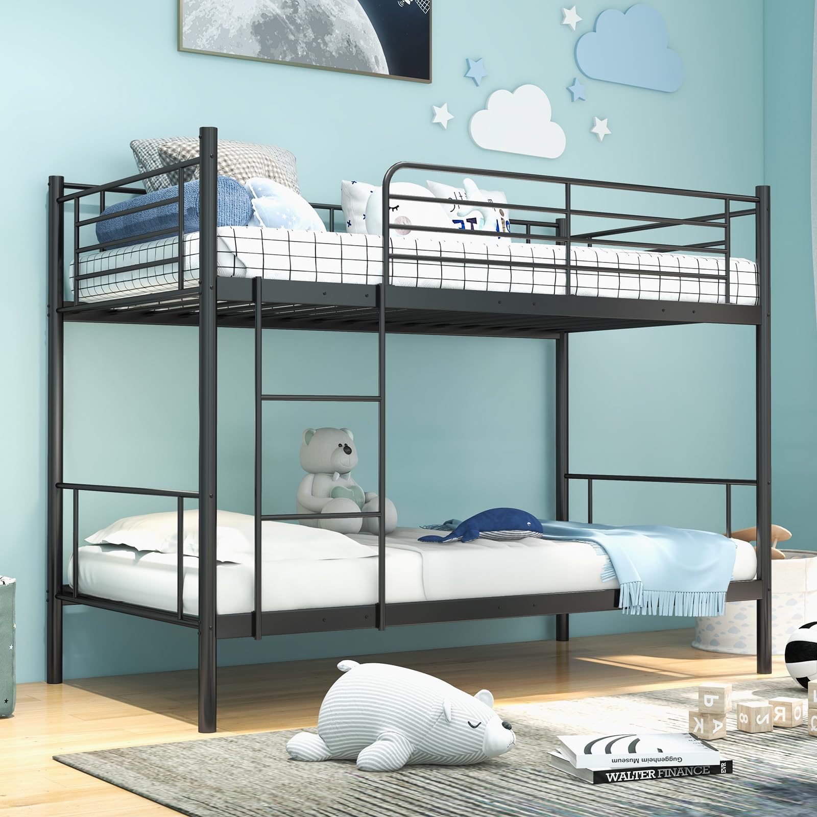 KOMFOTT Metal Twin Over Twin Bunk Bed with Ladder & Full-Length Guardrails