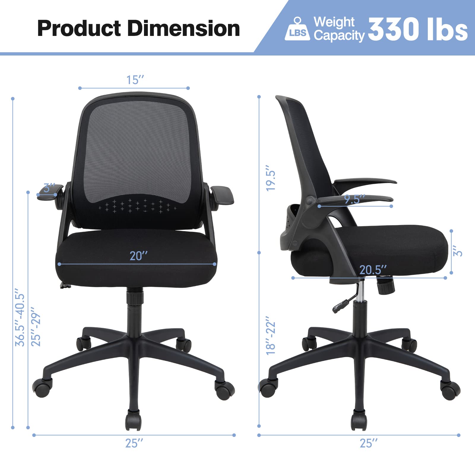 KOMFOTT Mid-Back Height Adjustable Swivel Mesh Office Chair with Flip-up Armrests, Lumbar Support