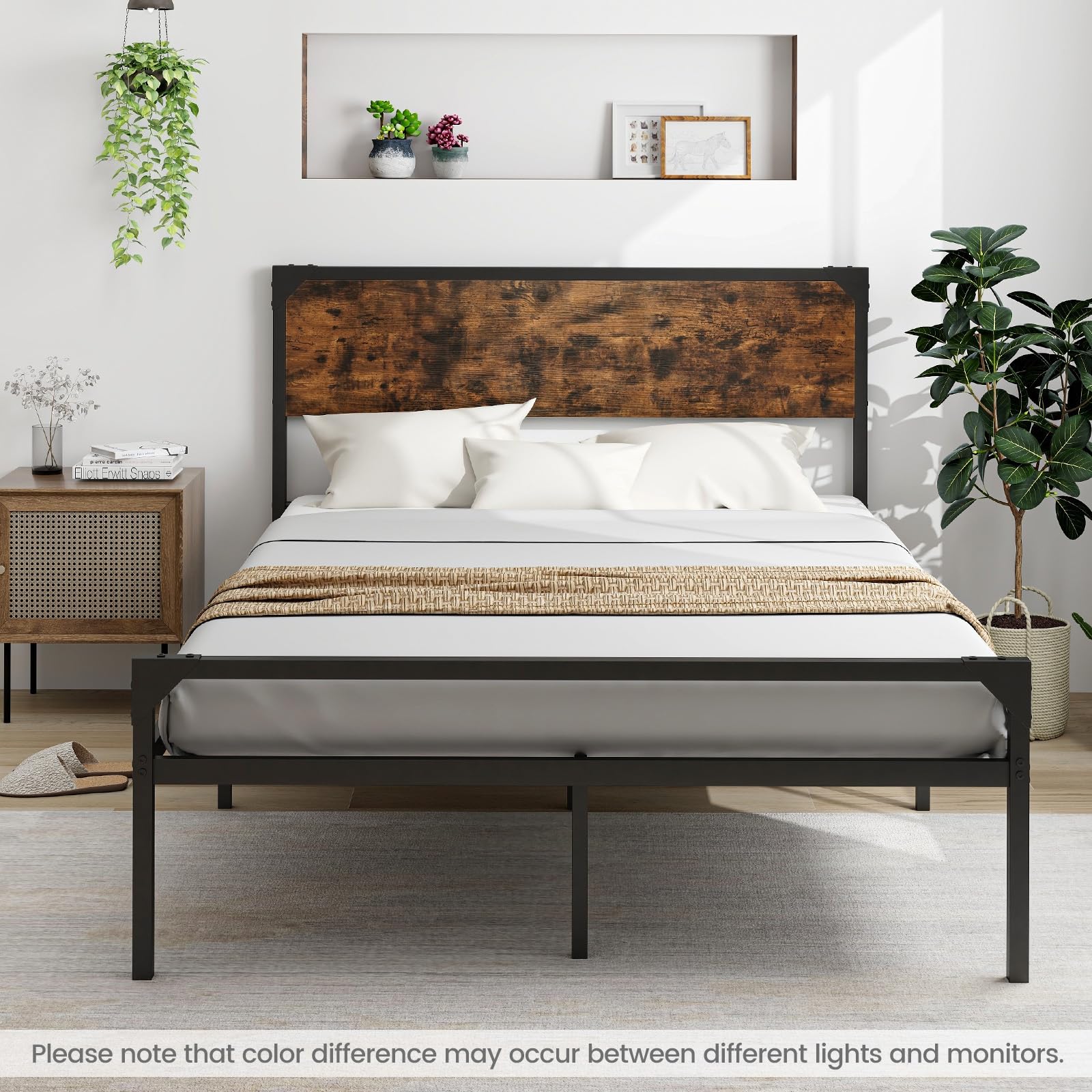 KOMFOTT Full/ Queen Size Metal Bed Frame with Wood Headboard