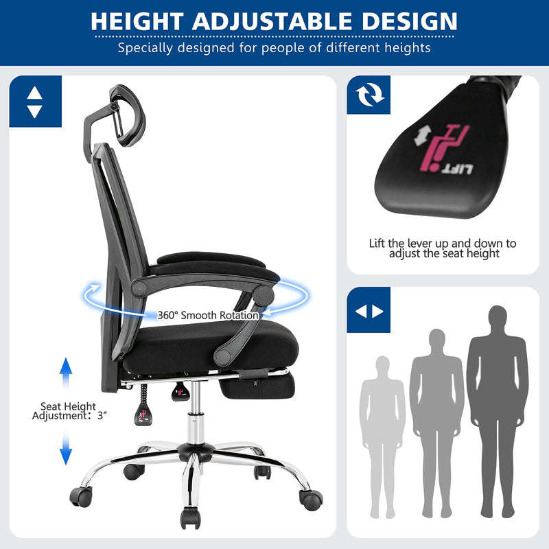 KOMFOTT Ergonomic Mesh Office Chair, High Back Computer Desk Chair w/Adjustable Headrest, Footrest, Lumbar Support