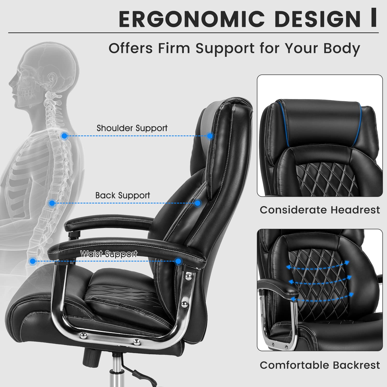 KOMFOTT 500LBS Big and Tall Office Chair, Wide Seat Large Leather Executive Chair w/Heavy Duty Metal Base