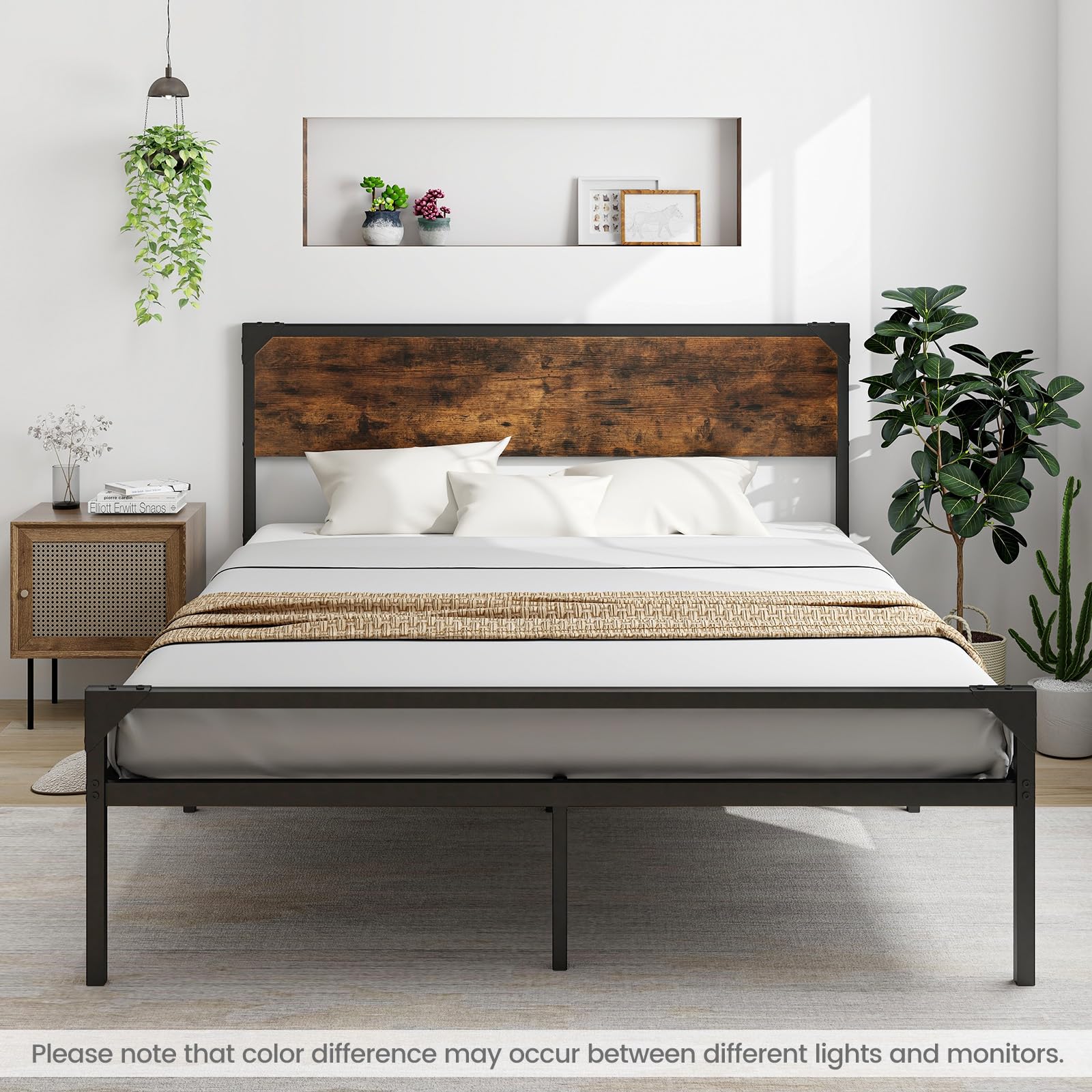 KOMFOTT Full/ Queen Size Metal Bed Frame with Wood Headboard